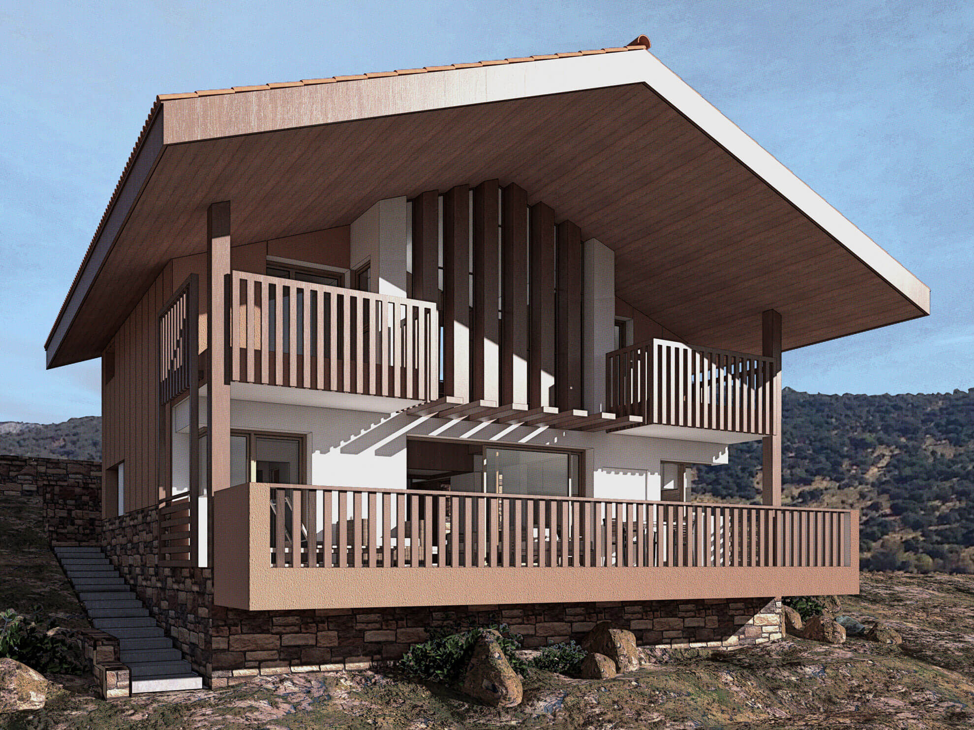 Casa rural en la Sierra Oeste de Madrid: aspecto externo desde el sur Casa rural en la Sierra Oeste de Madrid. Aspecto externo del diseño con su característico y amplio balcón sur