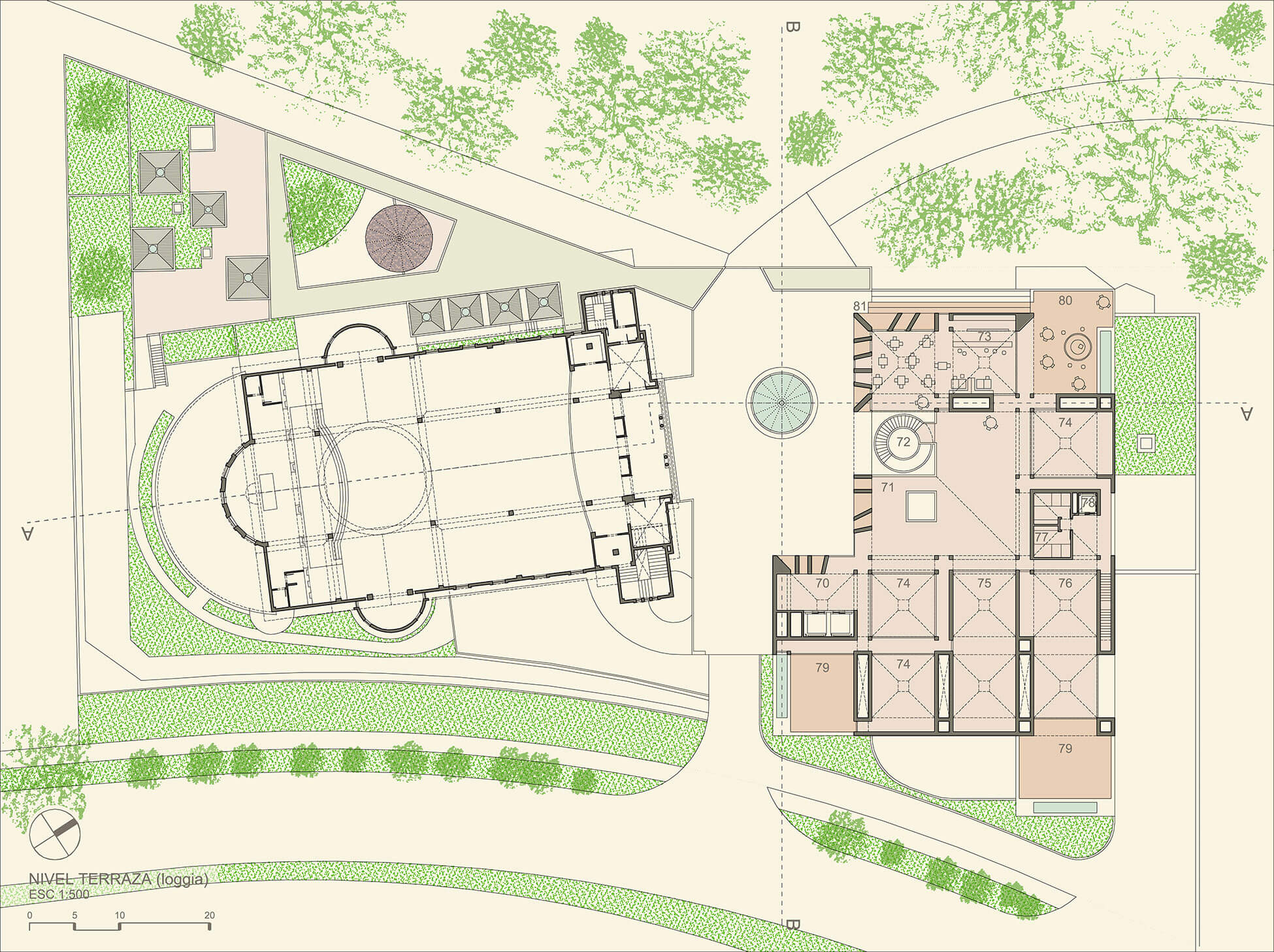 Plano de la planta del nivel terraza del Centro Comunitario San Pedro y San Pablo en México