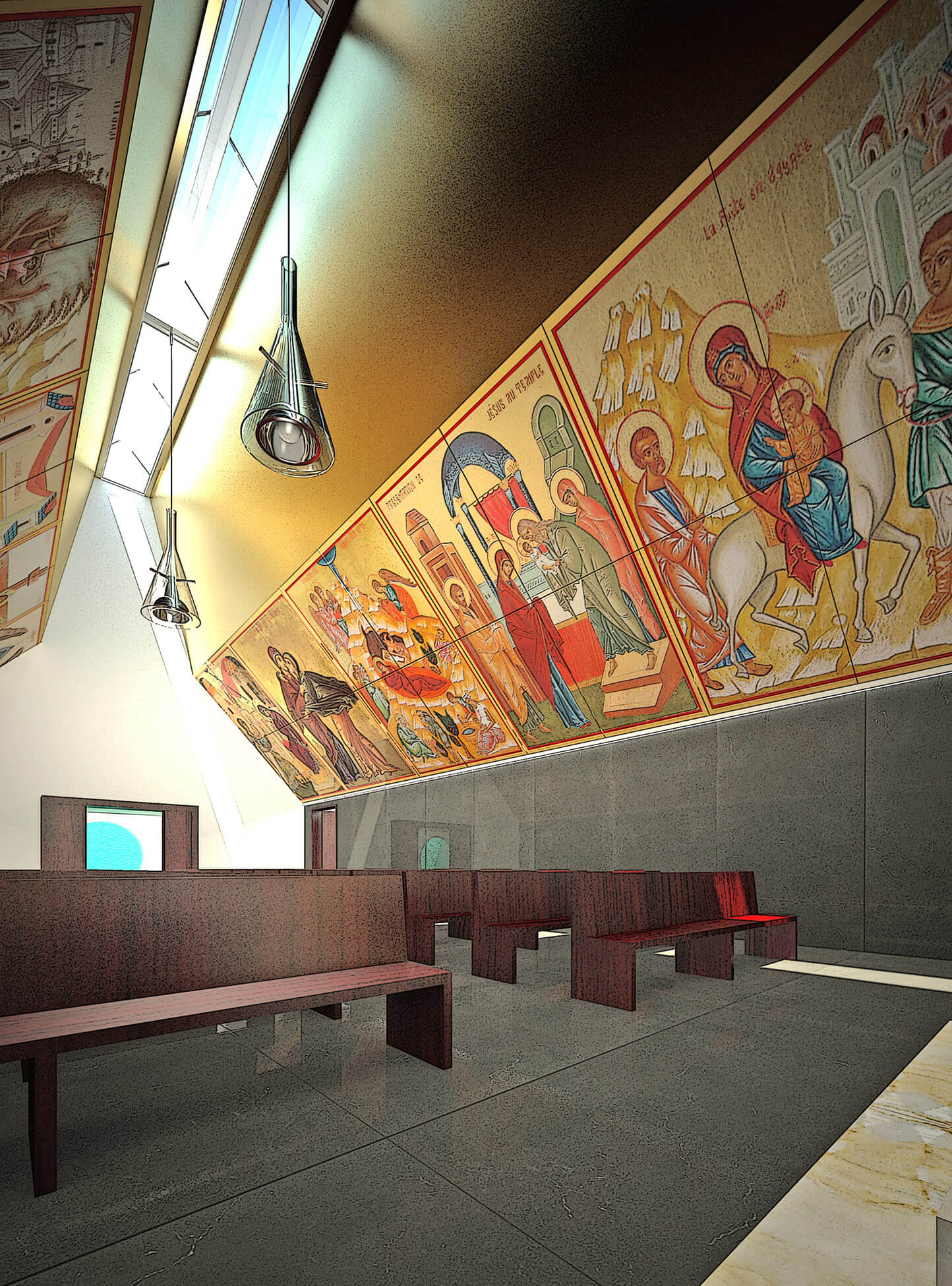 Conjunto edificatorio para la Iglesia Ortodoxa. Interior del templo hacia el ingreso con la característica luz cenital