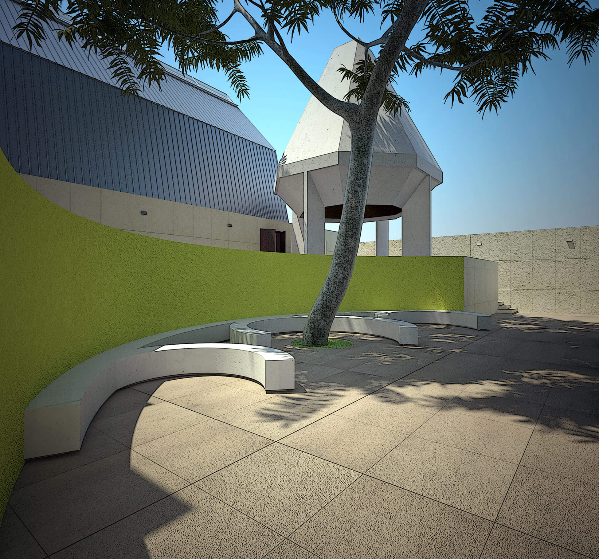 Conjunto edificatorio para la Iglesia Ortodoxa. La exedra de la plaza central organiza el principal espacio exterior Conjunto edificatorio para la Iglesia Ortodoxa. La exedra de la plaza central organiza el principal espacio exterior