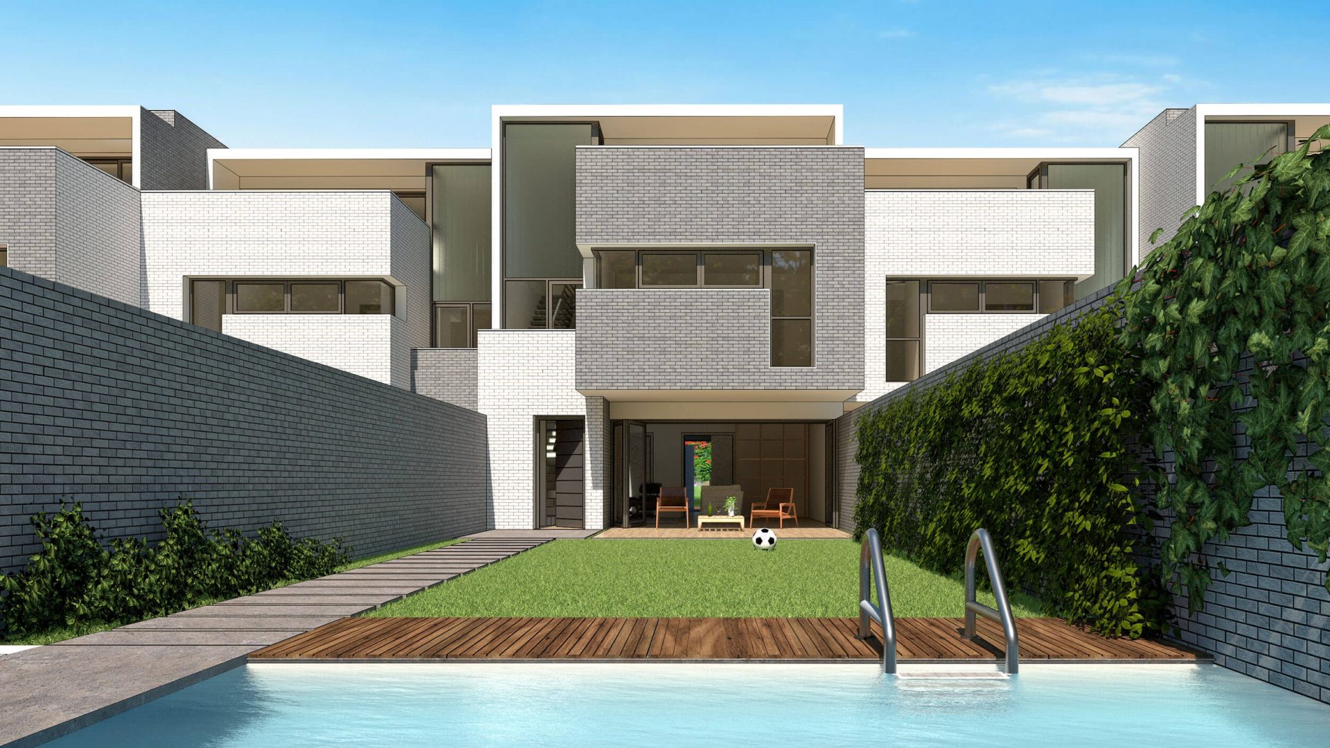 Diseño de casas en Valdemoro: acceso a través de la piscina Diseño de casas en Valdemoro: el acceso a cada vivienda se produce caminando sobre la piscina