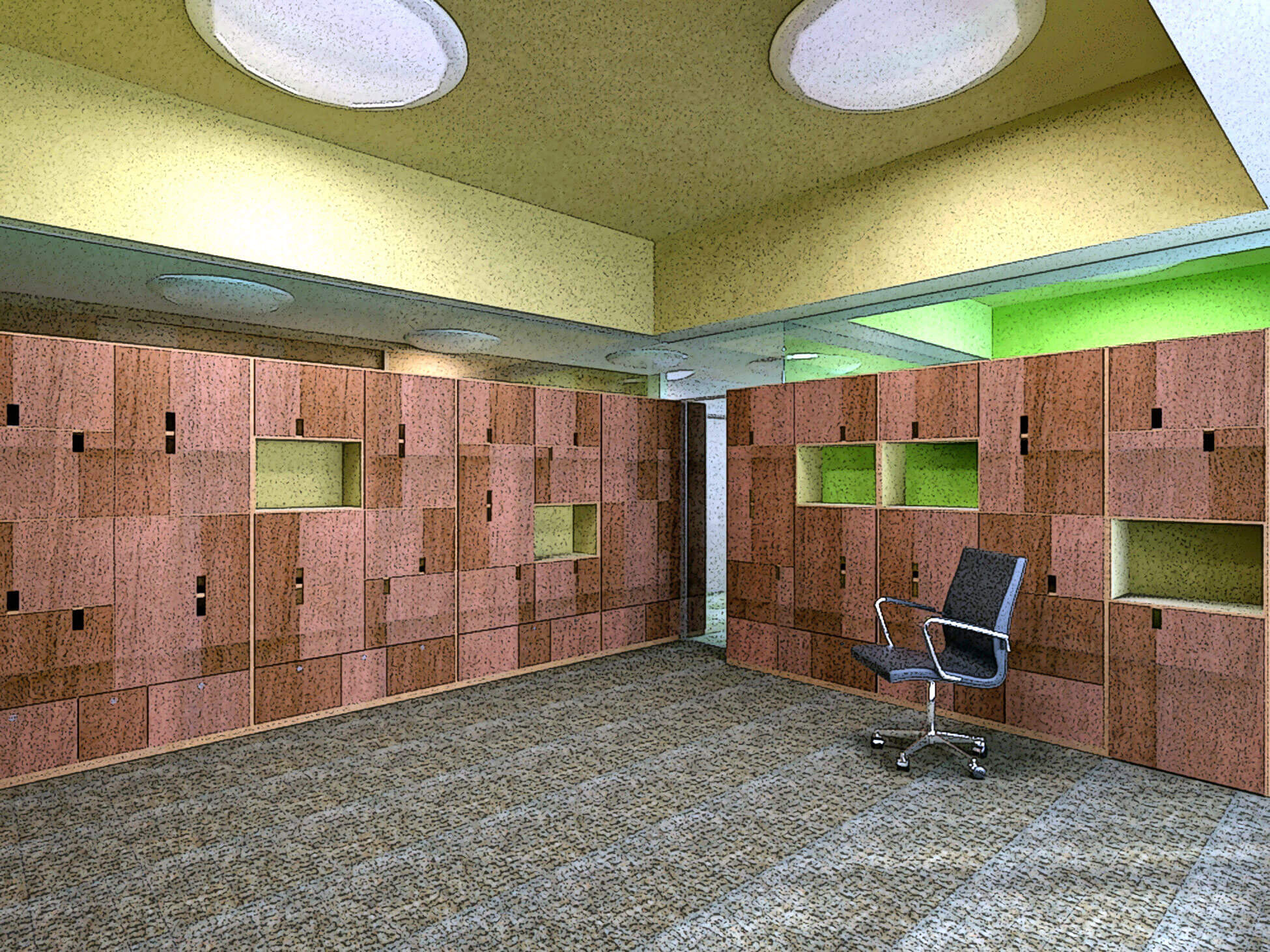 Diseño y reforma de oficinas: los colores del techo armonizan con las maderas de los muebles de diseño modulares