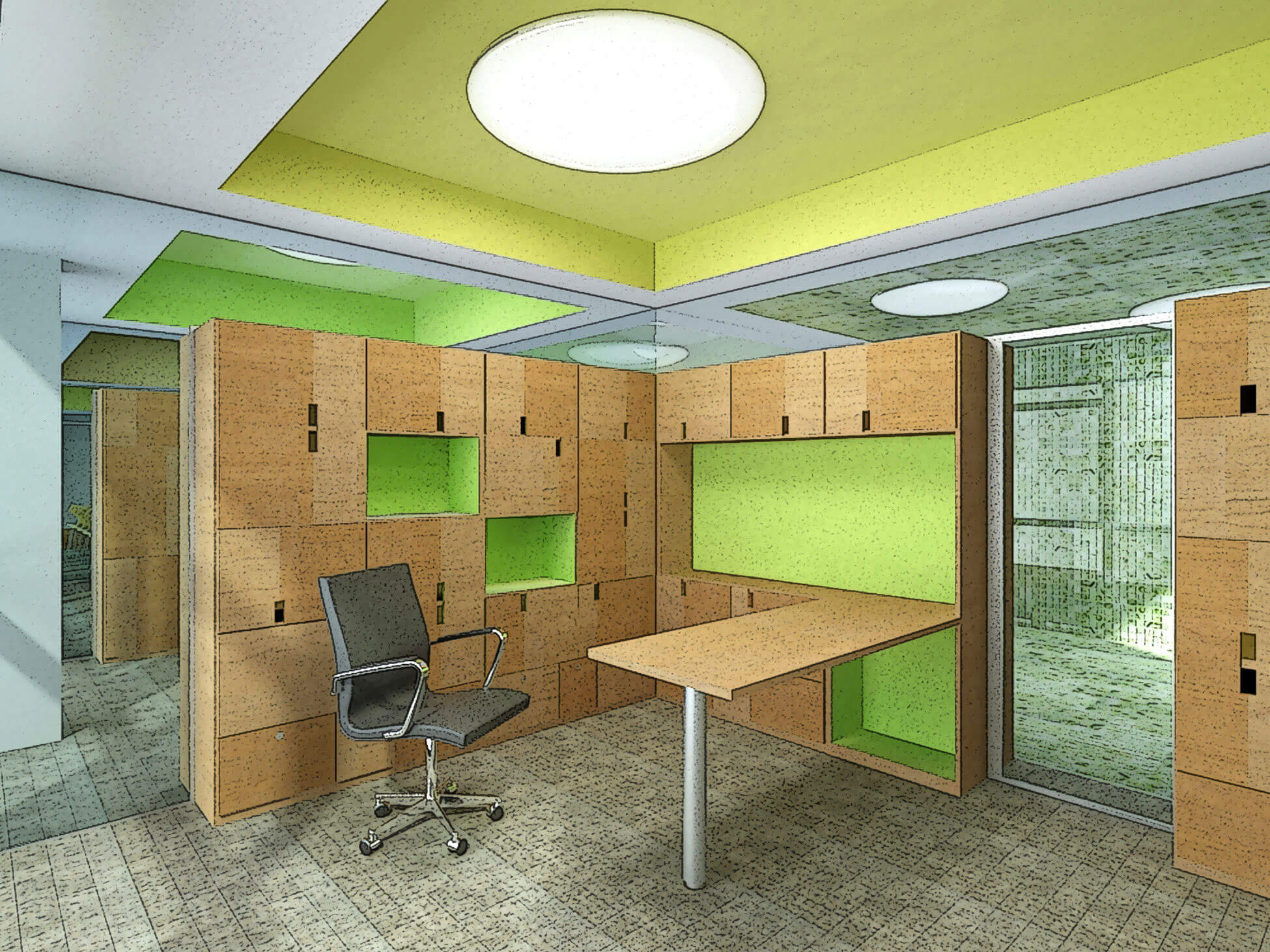 Diseño y reforma de oficinas: muebles de diseño de madera, techos de colores y vidrio configuran las áreas de trabajo