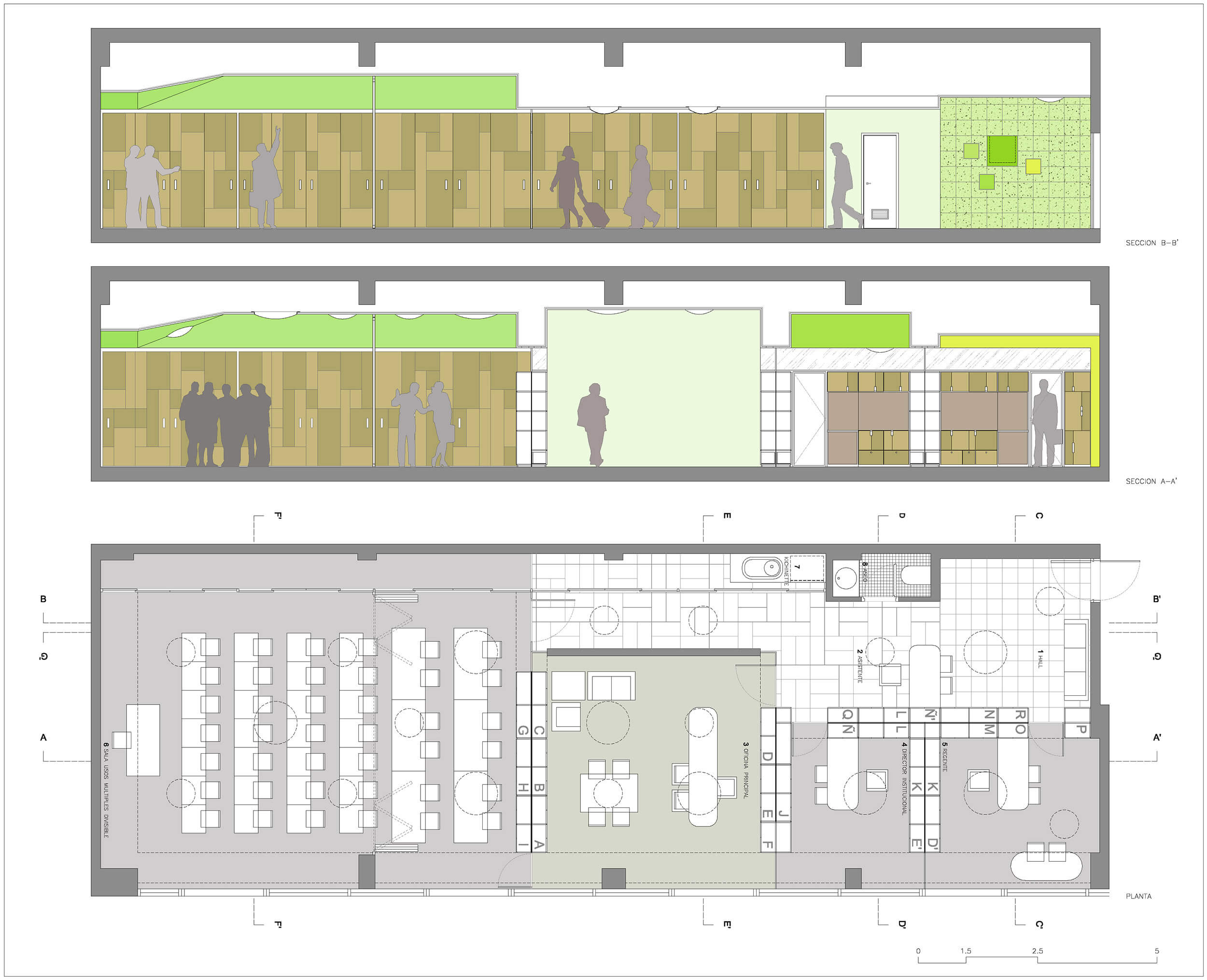 Dibujo de planta y secciones del proyecto de diseño y reforma de las oficinas de la empresa Medifarm.