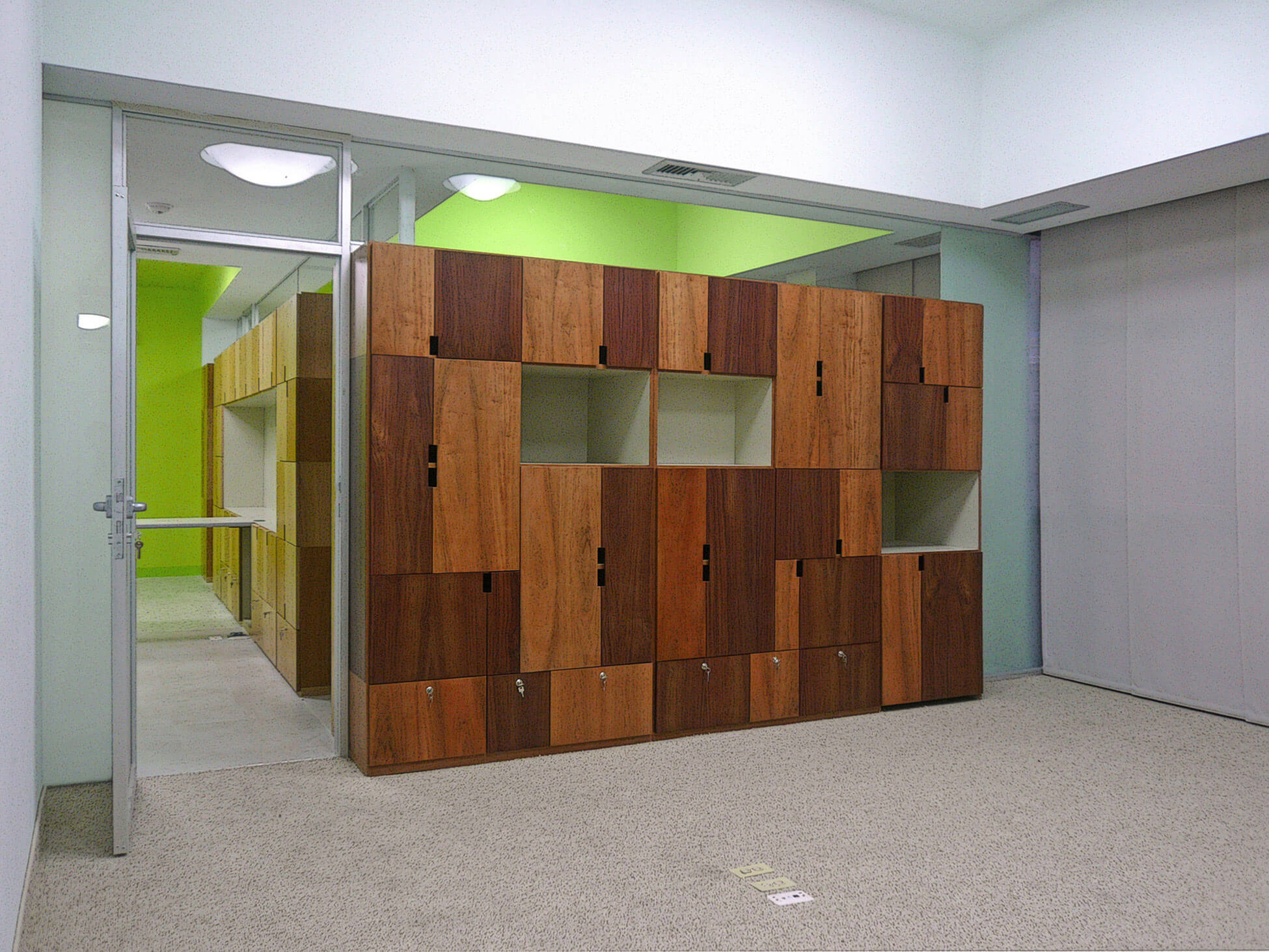Muebles de diseño modulares de madera, techos de colores y puertas de vidrio, ideales para la reforma de oficinas