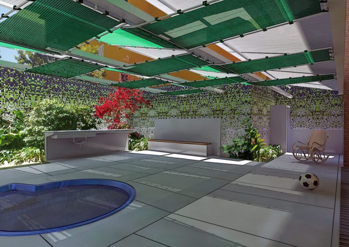 Diseño de un patio. La cubierta de tela de rafia y policarbonato blanco cubre todo el espacio con su sombras