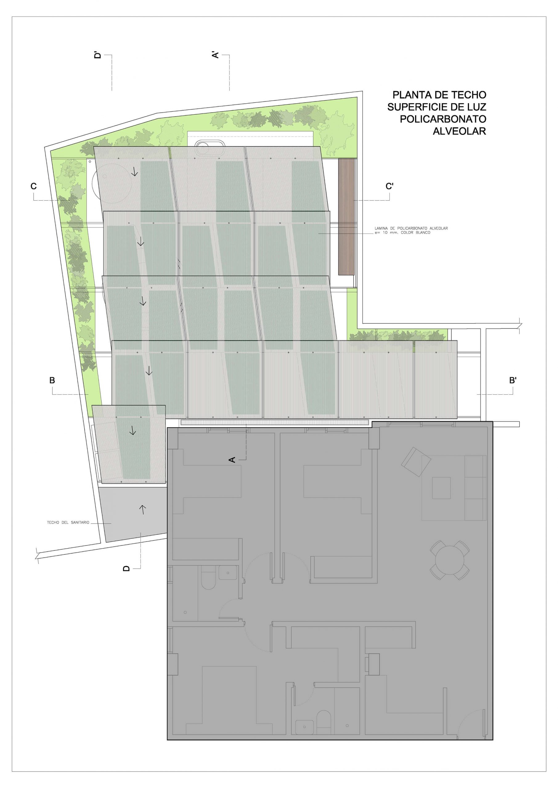 Diseño de un patio. Planta de la cubierta de policarbonato blanco Diseño de un patio. Planta de la cubierta de policarbonato blanco
