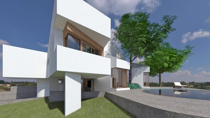 Diseño de arquitectos de casa blanca con piscina terraza ventanas panorámicas y jardín