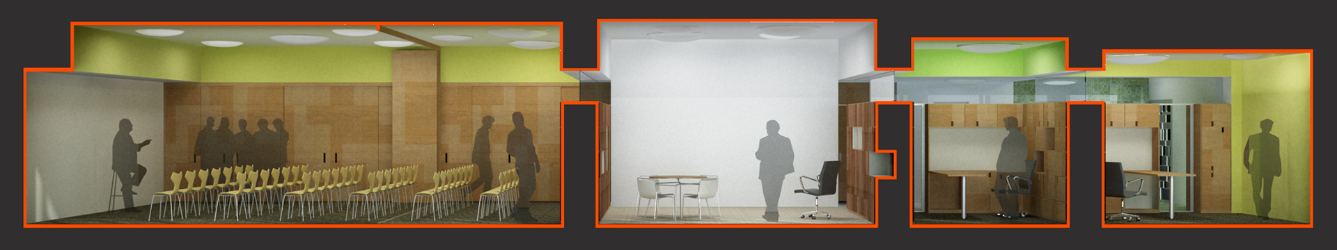 diseno-oficinas-medifarm-seccion-longitudinal Diseño y reforma de oficinas: sección longitudinal mostrando los muebles de diseño de madera y los techos de colores