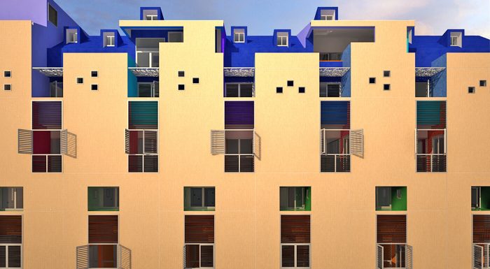 Diseño de edificio de usos mixtos. La fachada está conformada por franjas idénticas de celosías de aluminio