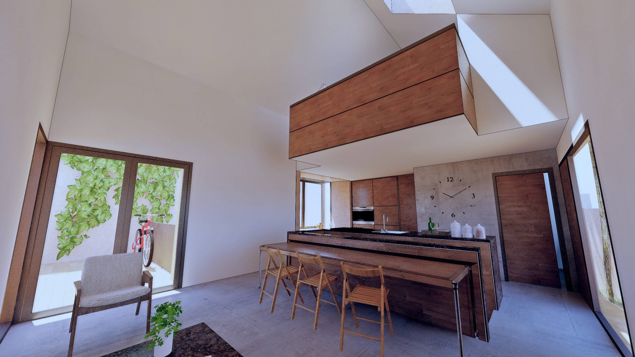 Diseño y reforma de casa en El Escorial: espacio principal Reforma integral de una casa antigua mostrando la sala de estar a doble altura y el comedor integrado con la cocina al fondo