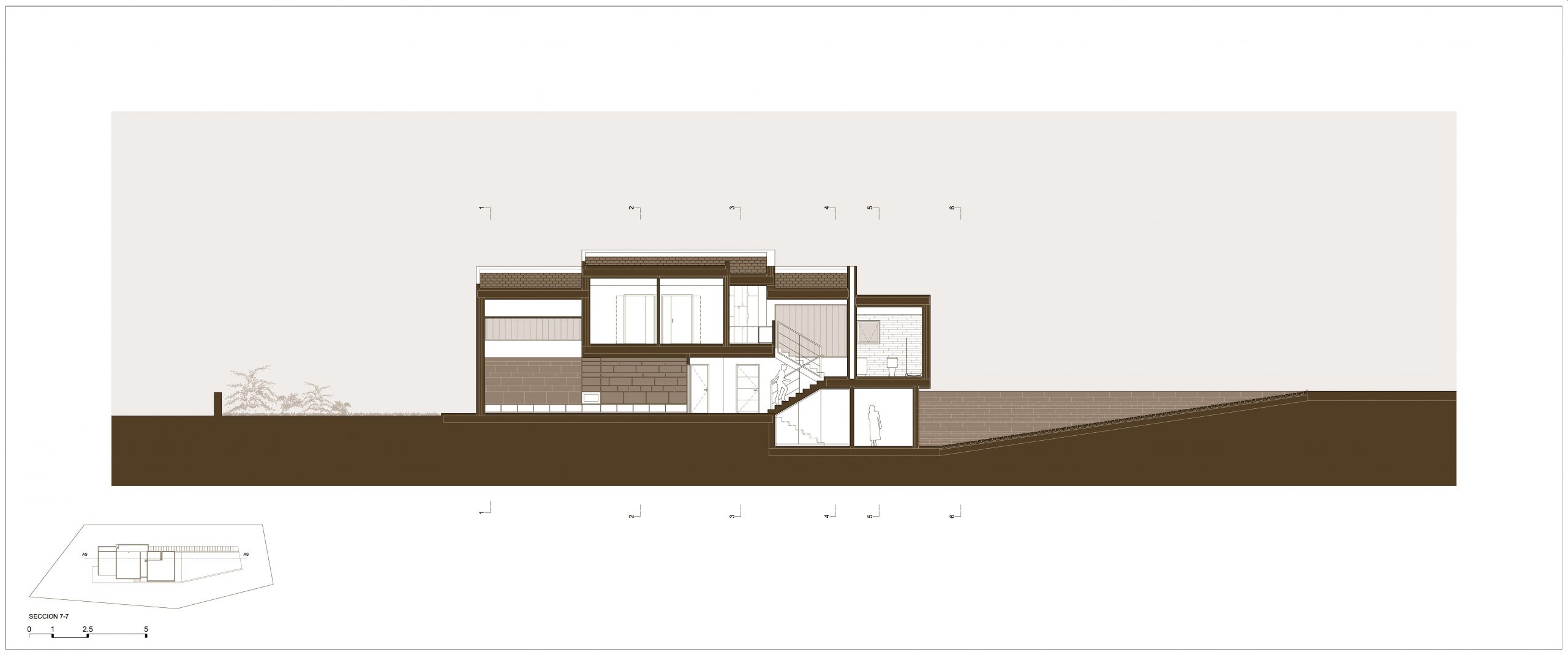 Diseño de casa en la Sierra de Madrid. Plano de sección longitudinal