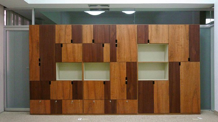 Muebles de diseño modulares de madera que configuran las paredes de las oficinas