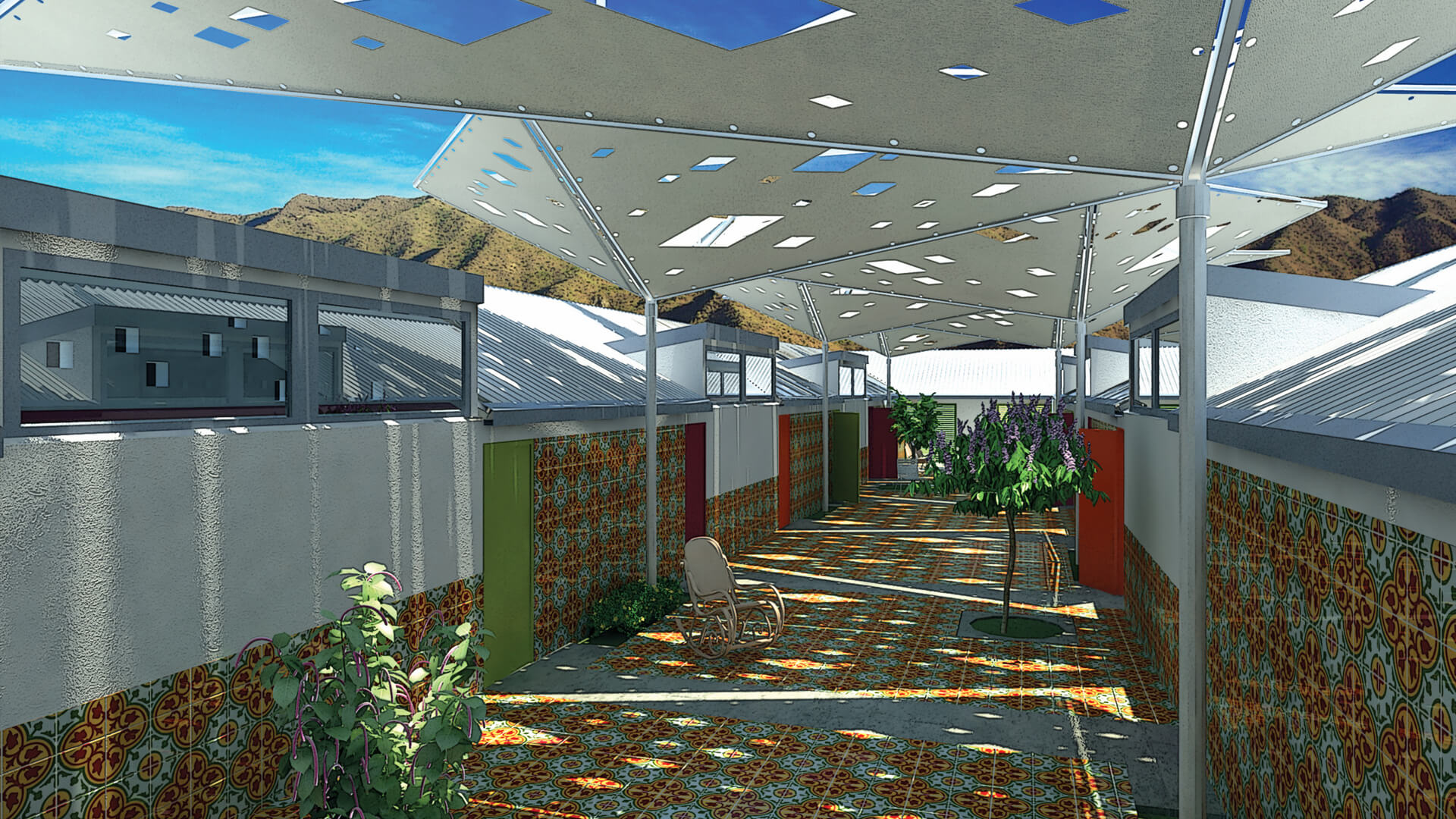 Hotel en la playa de Araya, Venezuela. Arquitectura del patio central cubierto por parasoles de tela y mosaicos de colores.