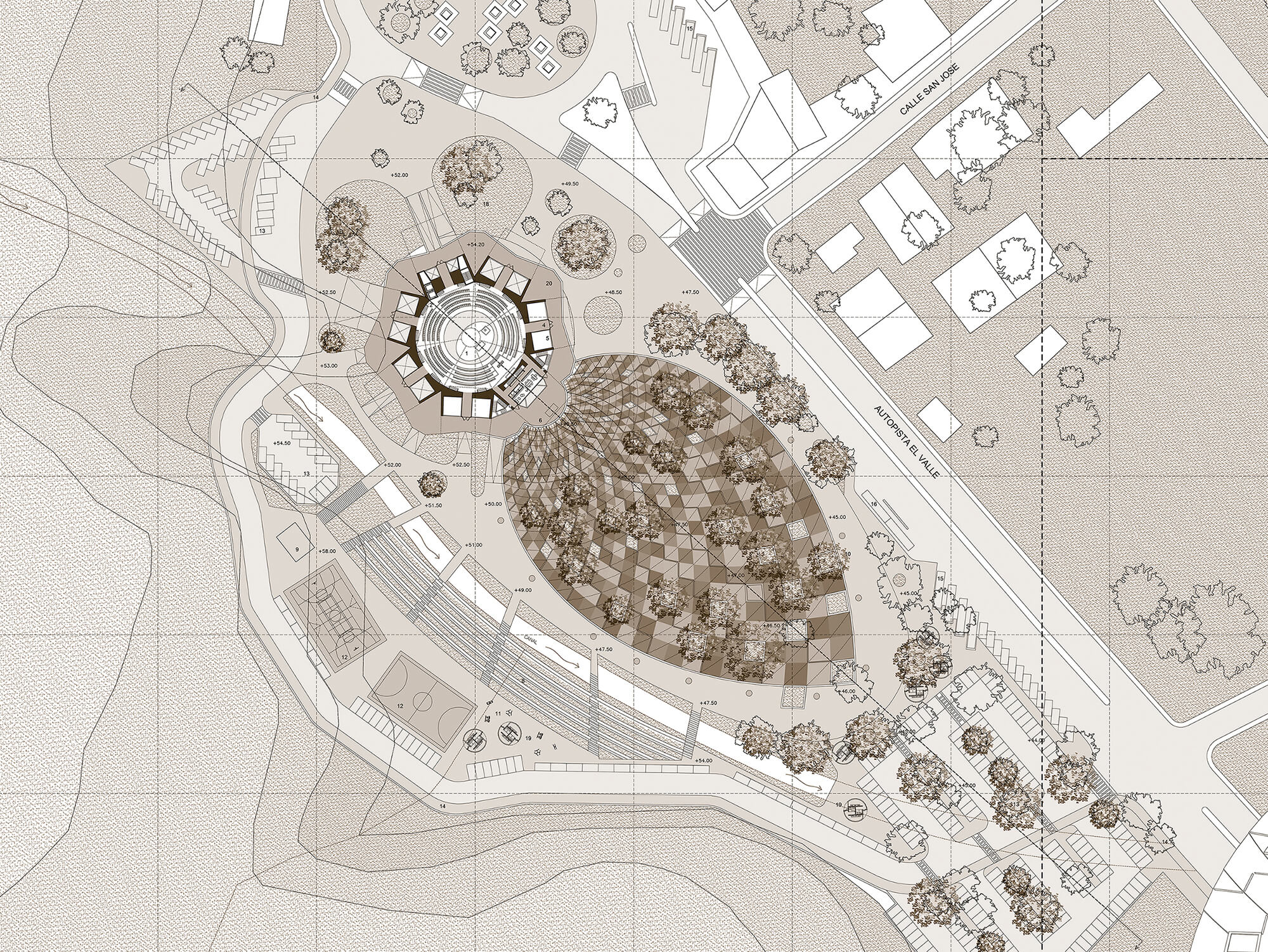 templo-votivo-virgen-del-valle-plano-conjunto Dibujo del Plano de conjunto del Templo Votivo para la Virgen del Valle que incluye el diseño de la explanada