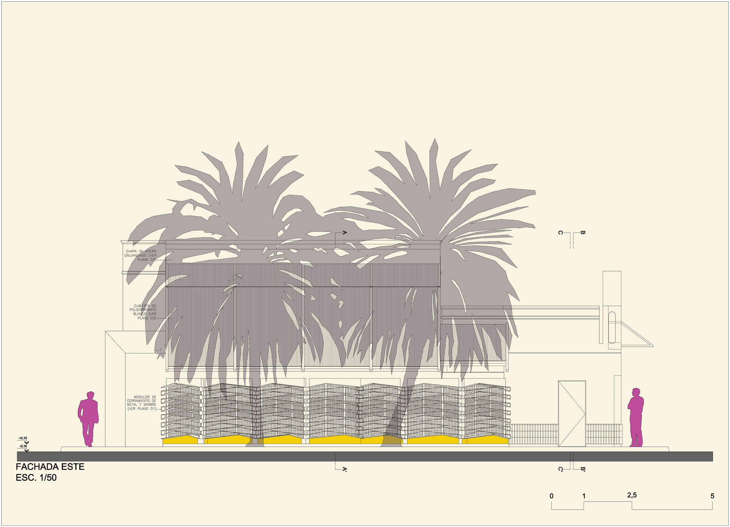 Diseño de arquitectura para un restaurante. Plano de la fachada Este