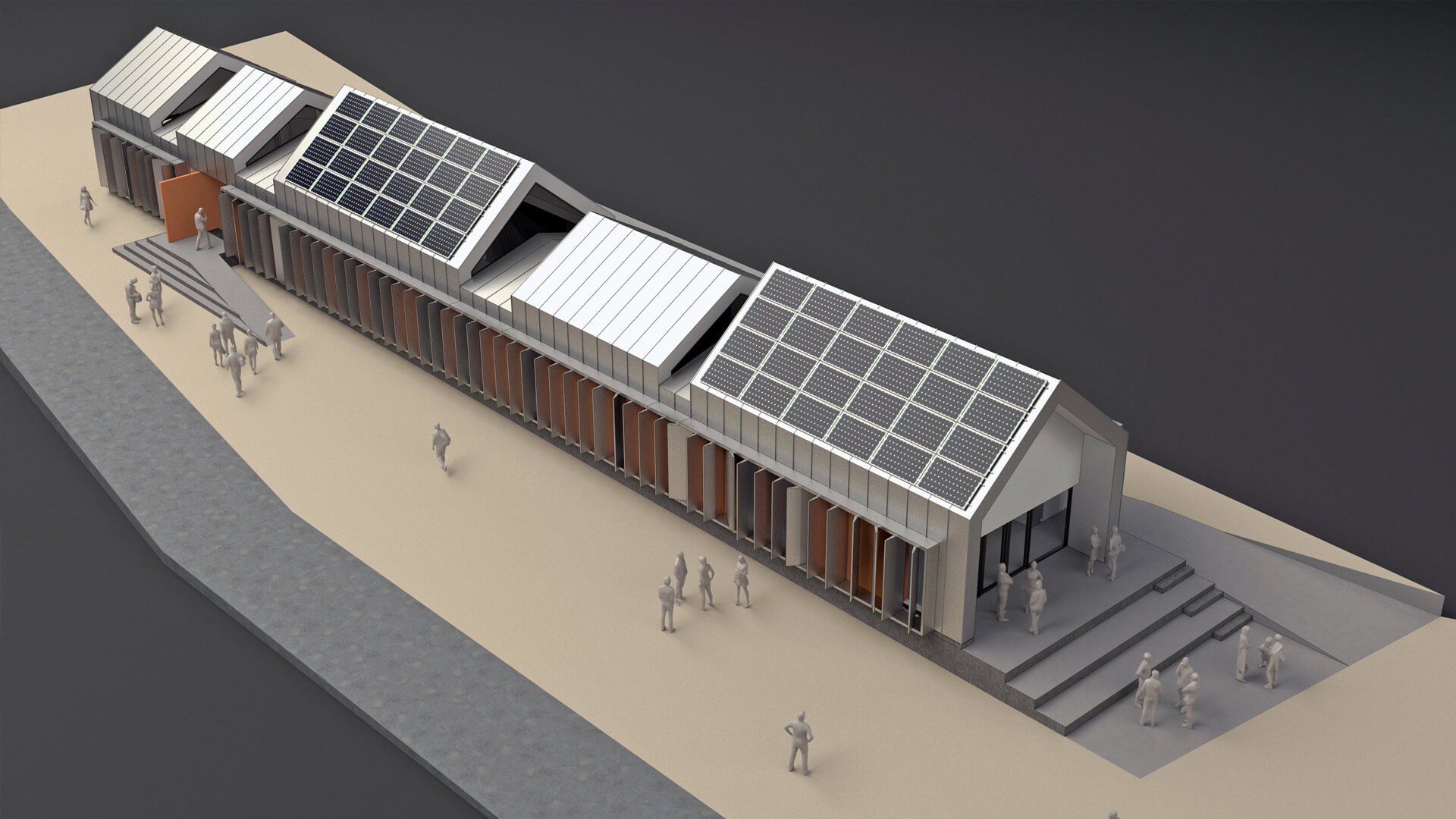 Propuesta de rehabilitación energética de un edificio público en Madrid, mostrando la nueva morfología de sus tejados.