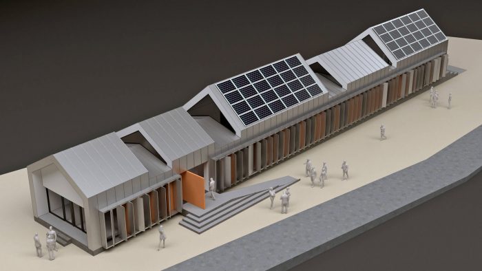 Propuesta de rehabilitación energética de un edificio público en Madrid, mostrando el nuevo aspecto de su fachada y tejados.