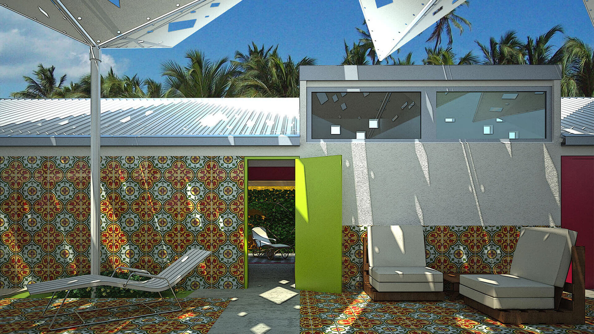 Espacio intermedio cubierto por parasoles de tela de un hotel en la playa Espacio intermedio: Patio cubierto por parasoles del Hotel en la playa de Araya, Venezuela. Diseño de HGSE Arquitectos.