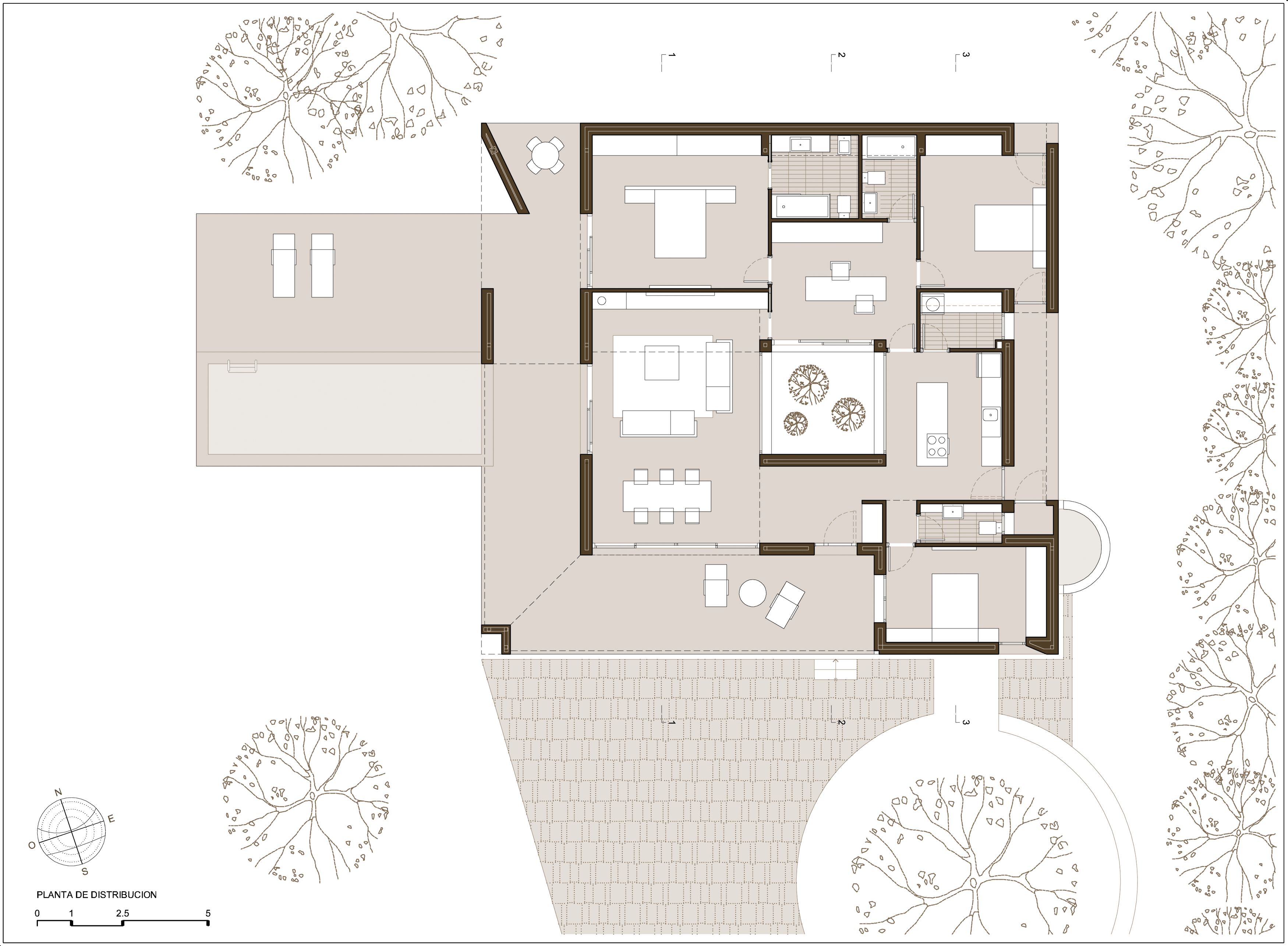 Plano de planta Casa Fresnedillas: diseño sin pasillos, distribución en mosaico con patio y porche. HGSE Arquitectos Madrid.