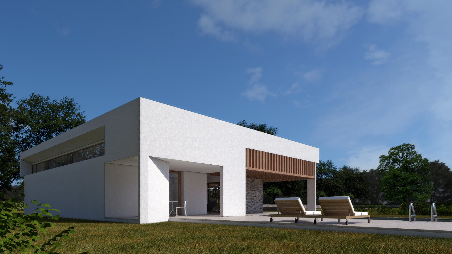 Porche cubierto con terraza y piscina de la casa en Fresnedillas de la Oliva Madrid diseñada por HGSE Arquitectos