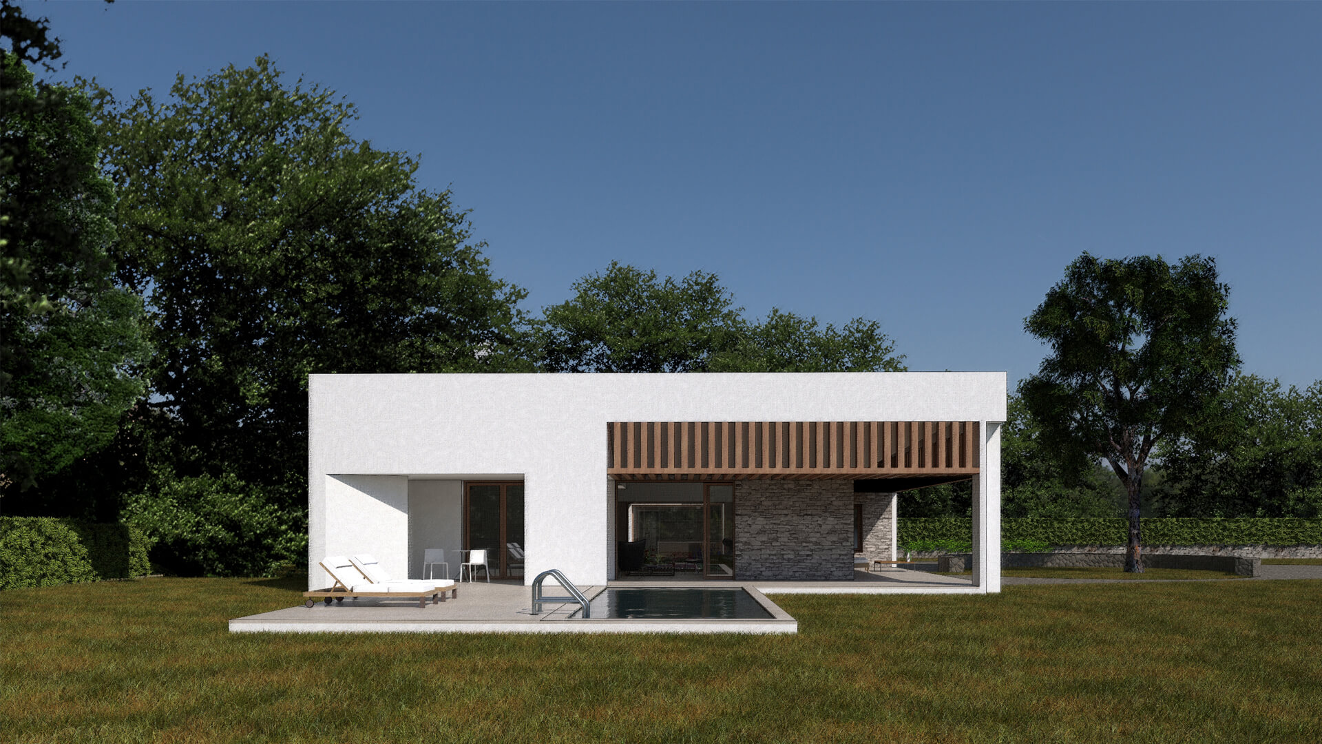 Casa con porche cubierto terraza y piscina en Fresnedillas de la Oliva Madrid diseñada por HGSE Arquitectos