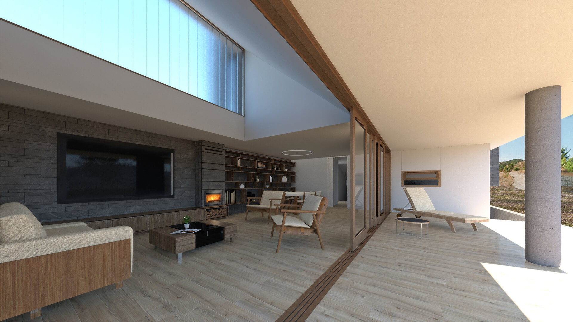 Diseño de casa en la Sierra de Madrid con panorámicas en la sala de estar y porche cubierto orientado hacia el sur