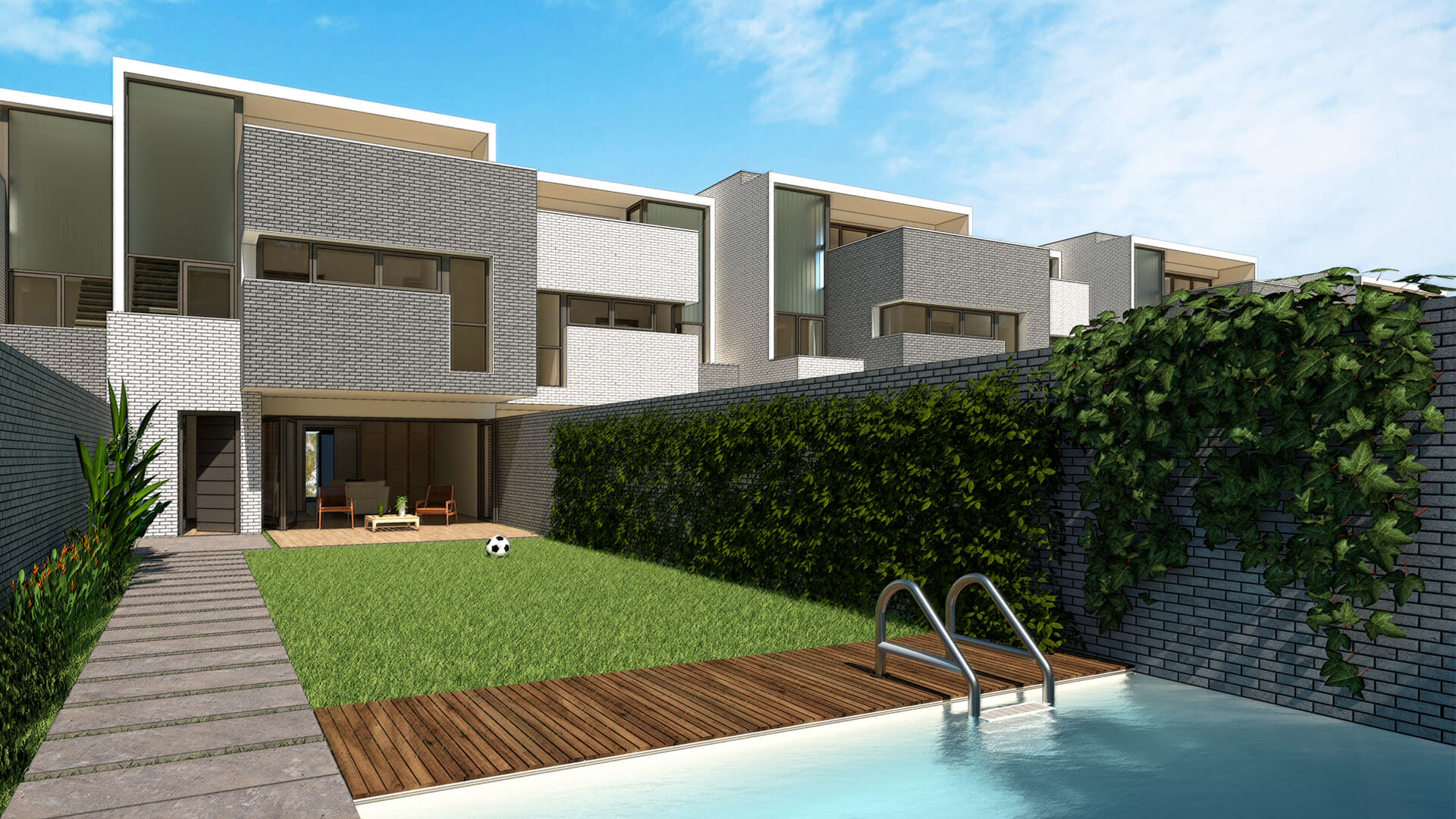 diseno-casas-valdemoro-ingreso-jardin-piscina Chalet en Valdemoro, Madrid: ingreso a una casa moderna con jardín y piscina al sur, diseño del estudio de arquitectura HGSE.