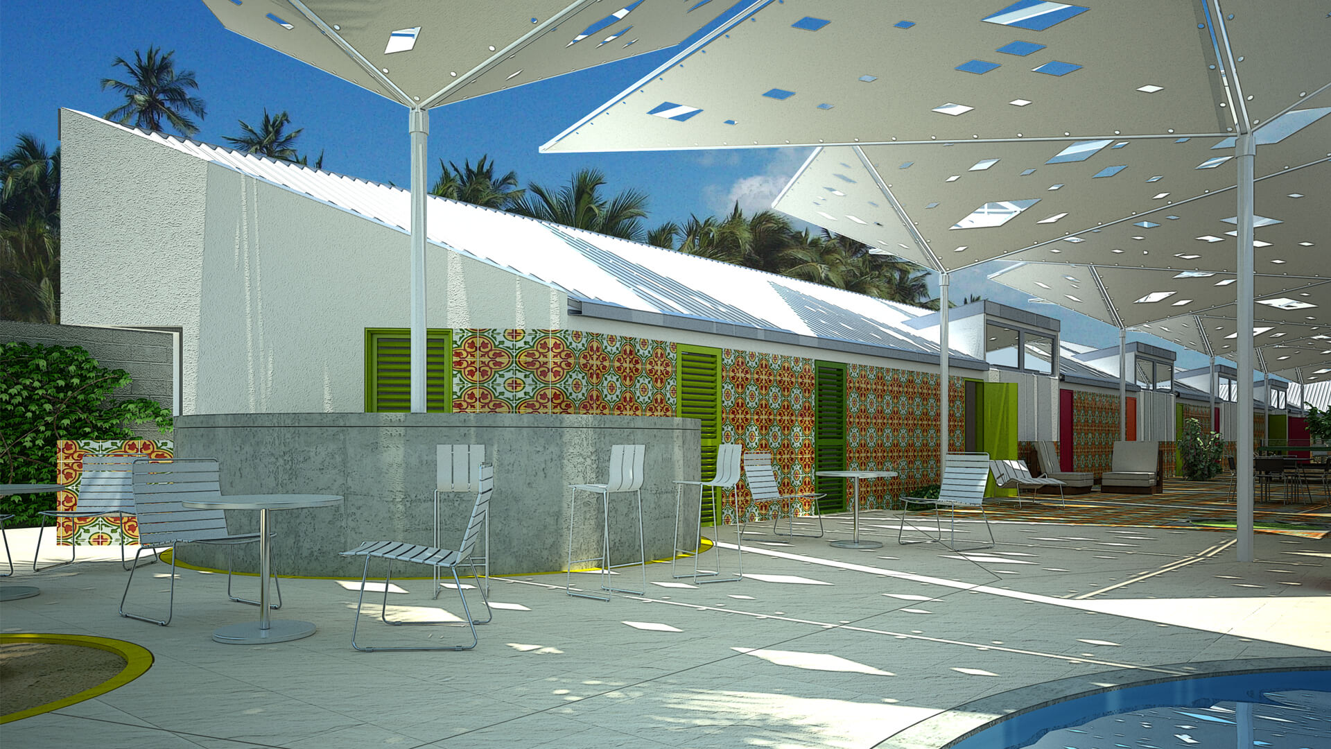 hotel-playa-araya-atrio-piscina-cafeteria-techo-parasoles-tela Hotel en la playa de Araya, Venezuela: piscina y bar del patio central cubierto por parasoles de tela y mosaicos de colores.