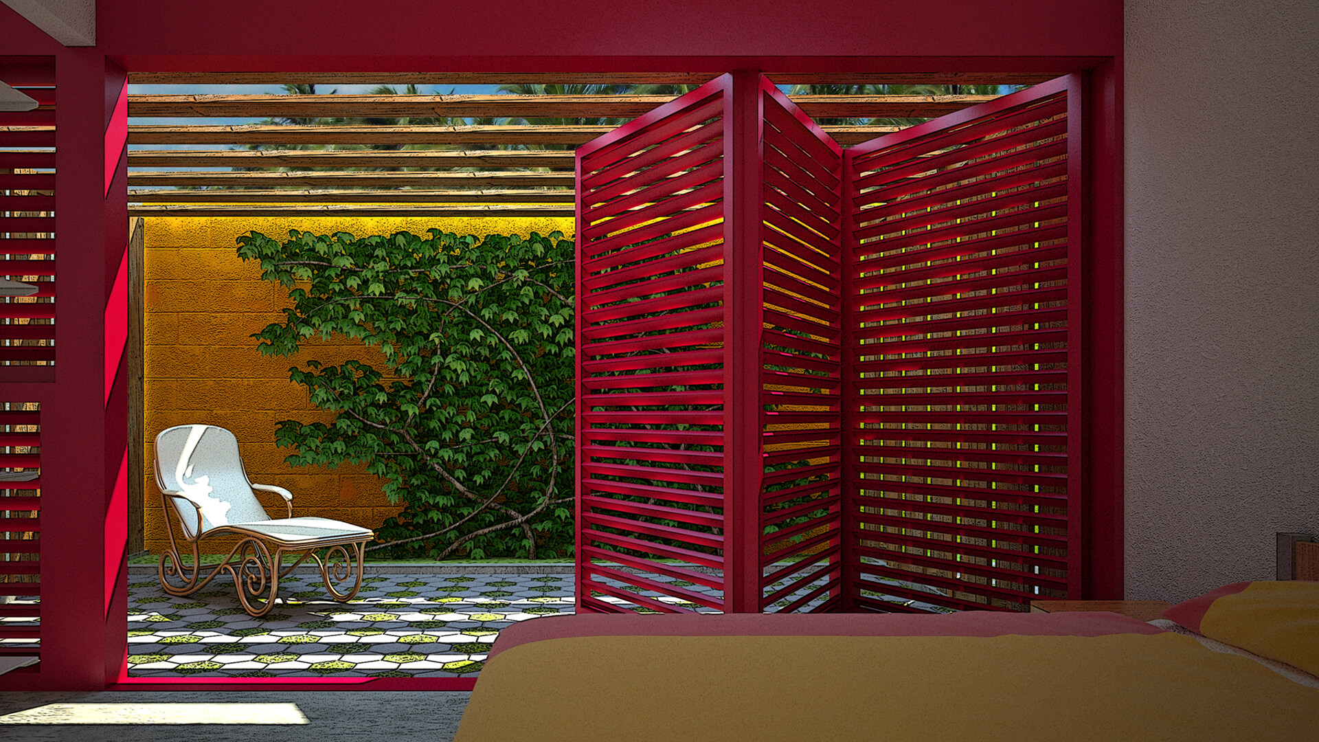 hotel-playa-araya-habitacion-celosia-jardin-pergola Hotel en la playa de Araya, Venezuela. Habitación con solárium y jardín vertical cubierto por pérgolas de madera.