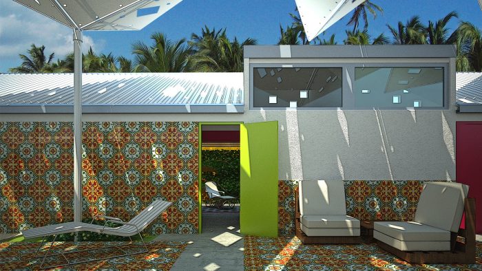 Hotel en la playa de Araya, Venezuela. Arquitectura del patio central cubierto por mosaicos de colores y parasoles de tela.