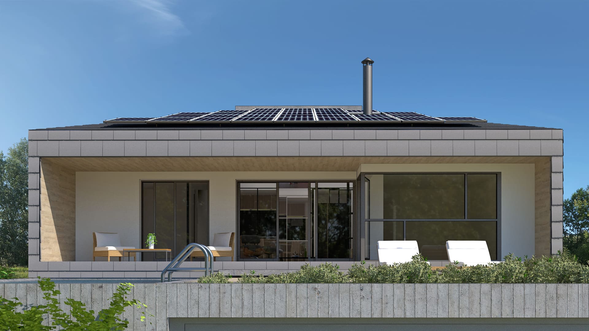 Diseño de casa con tejado a cuatro aguas y paneles solares en España Casa simétrica con paneles solares, revestida con tejas cerámicas planas color gris y terraza jardín con piscina enfrente