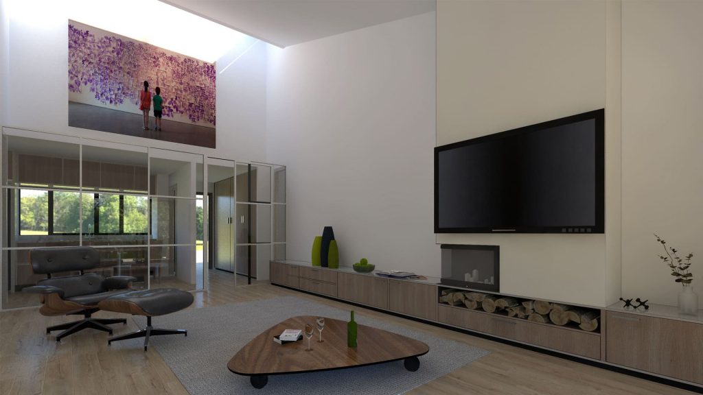 Diseño de casa simétrica con salón central y lucernario Salón central de casa simétrica con lucernario y chimenea, con cocina comedor y paisaje al fondo