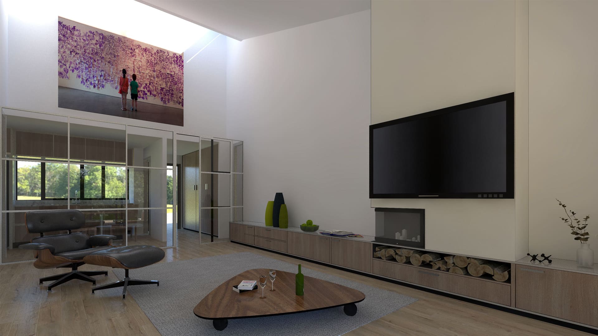 Diseño de casa simétrica con salón central y lucernario Salón central de casa simétrica con lucernario y chimenea, con cocina comedor y paisaje al fondo