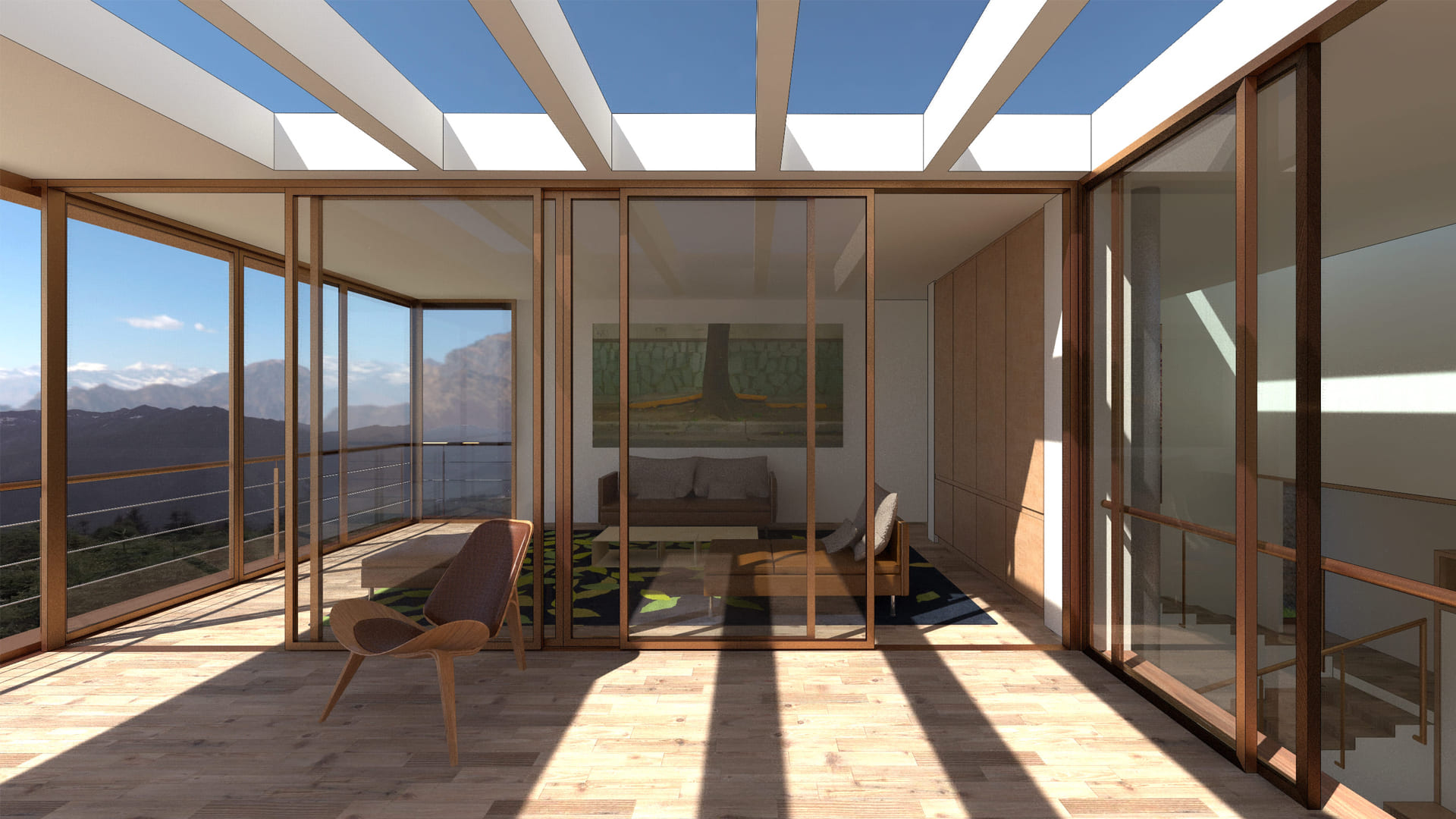 Diseño de casa en Robledo de Chavela, Madrid. Terraza mirador con pérgolas y ventanas panorámicas