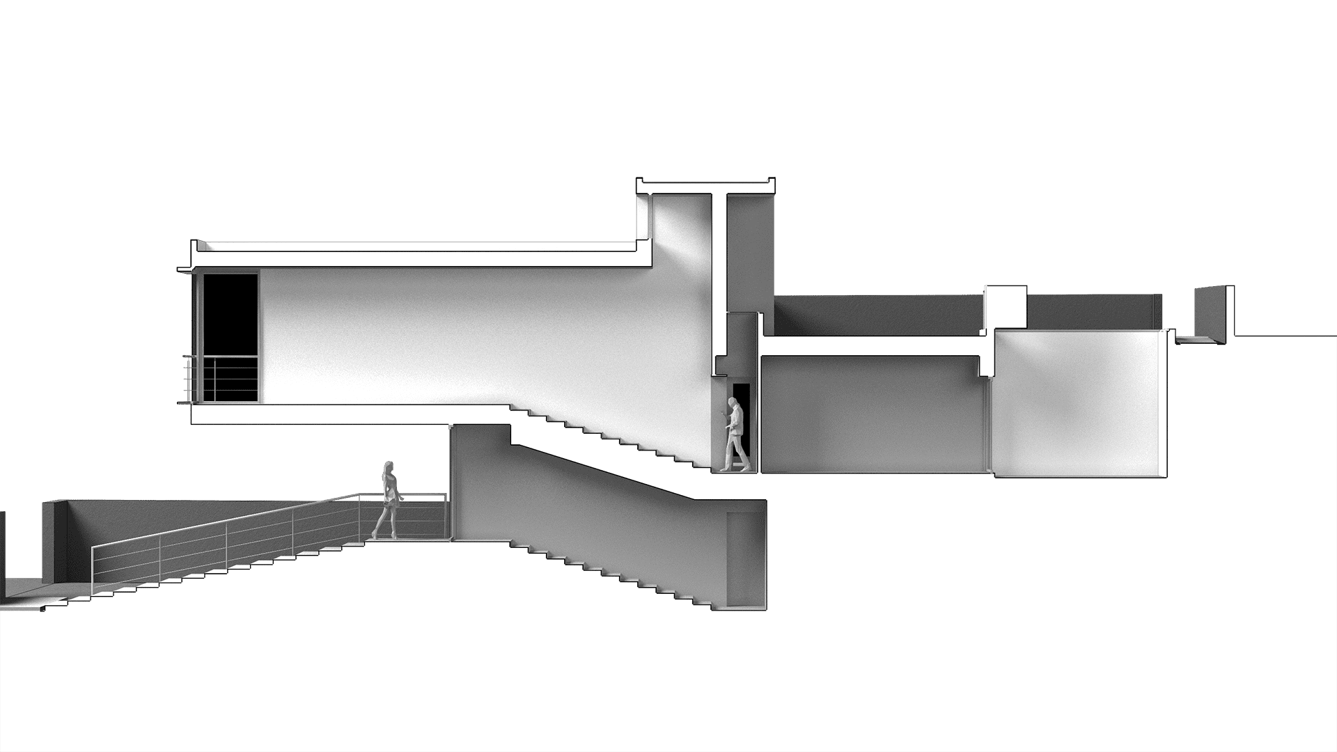 Diseño de casa en Madrid, sección longitudinal del modelo por la escalera de ingreso