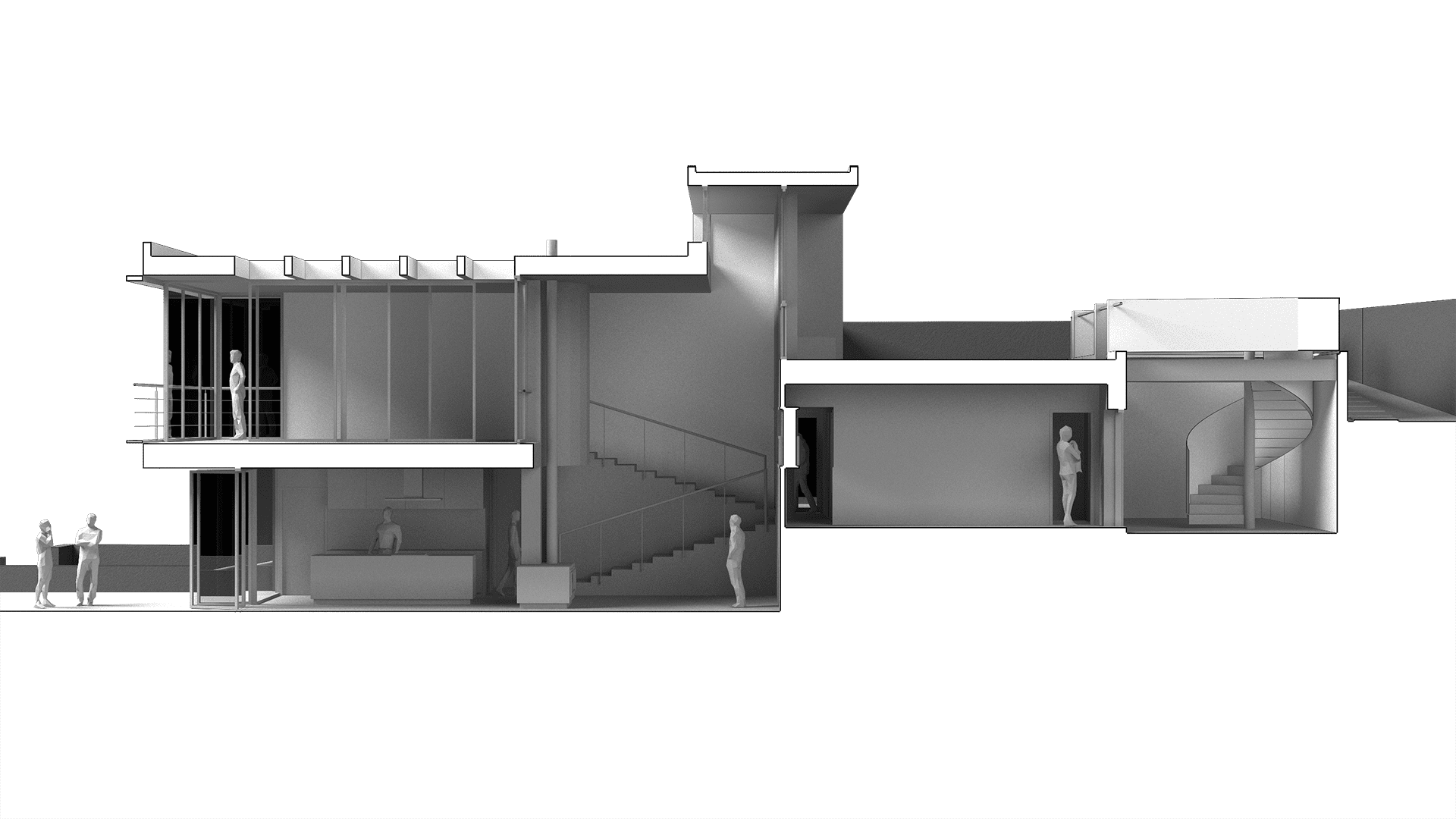 Diseño de casa en Madrid, sección longitudinal del modelo por el salón comedor