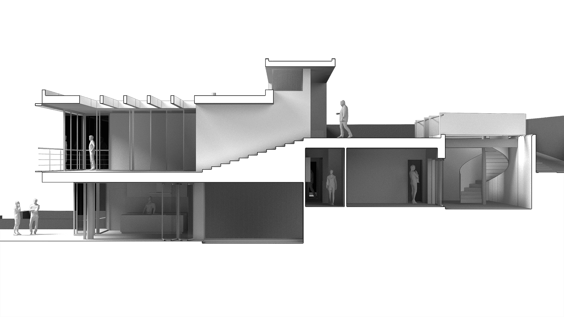 Diseño de casa en Madrid, sección longitudinal del modelo por la escalera de la terraza