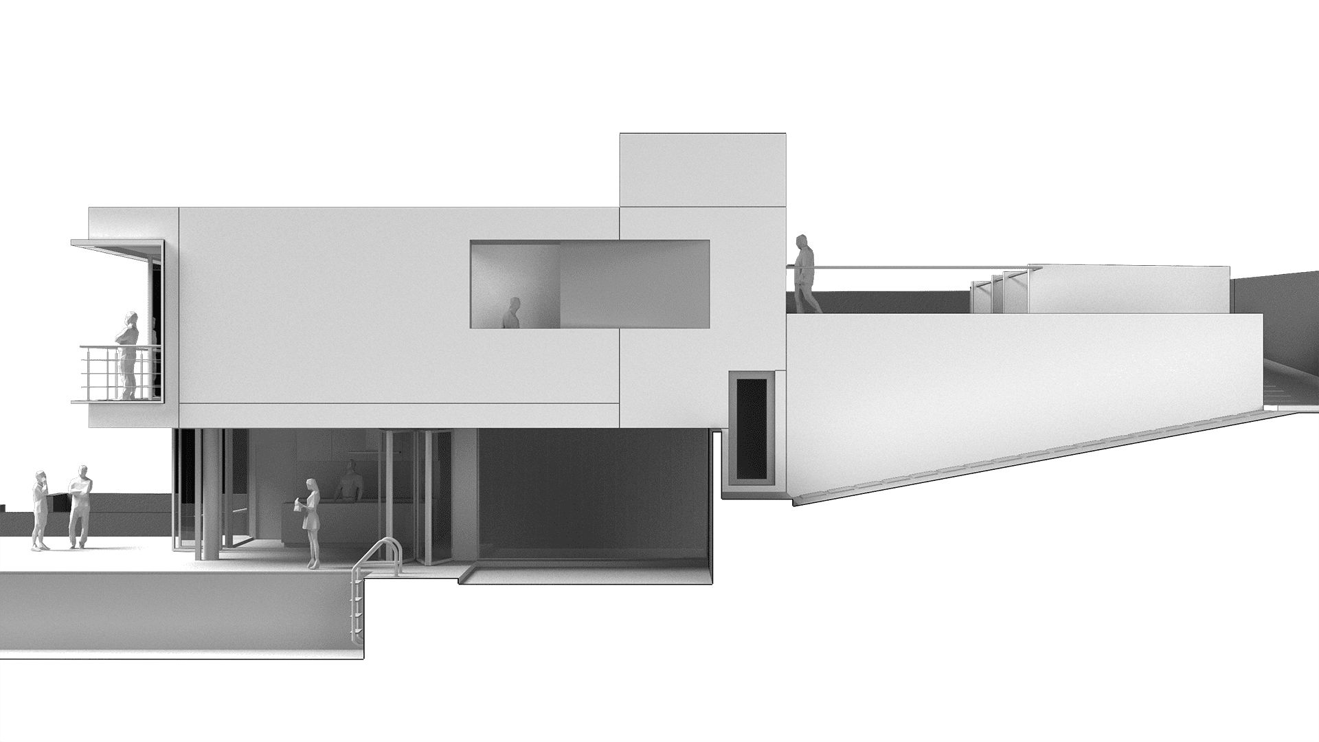 Diseño de casa en Madrid, sección longitudinal del modelo por la piscina y el jardín