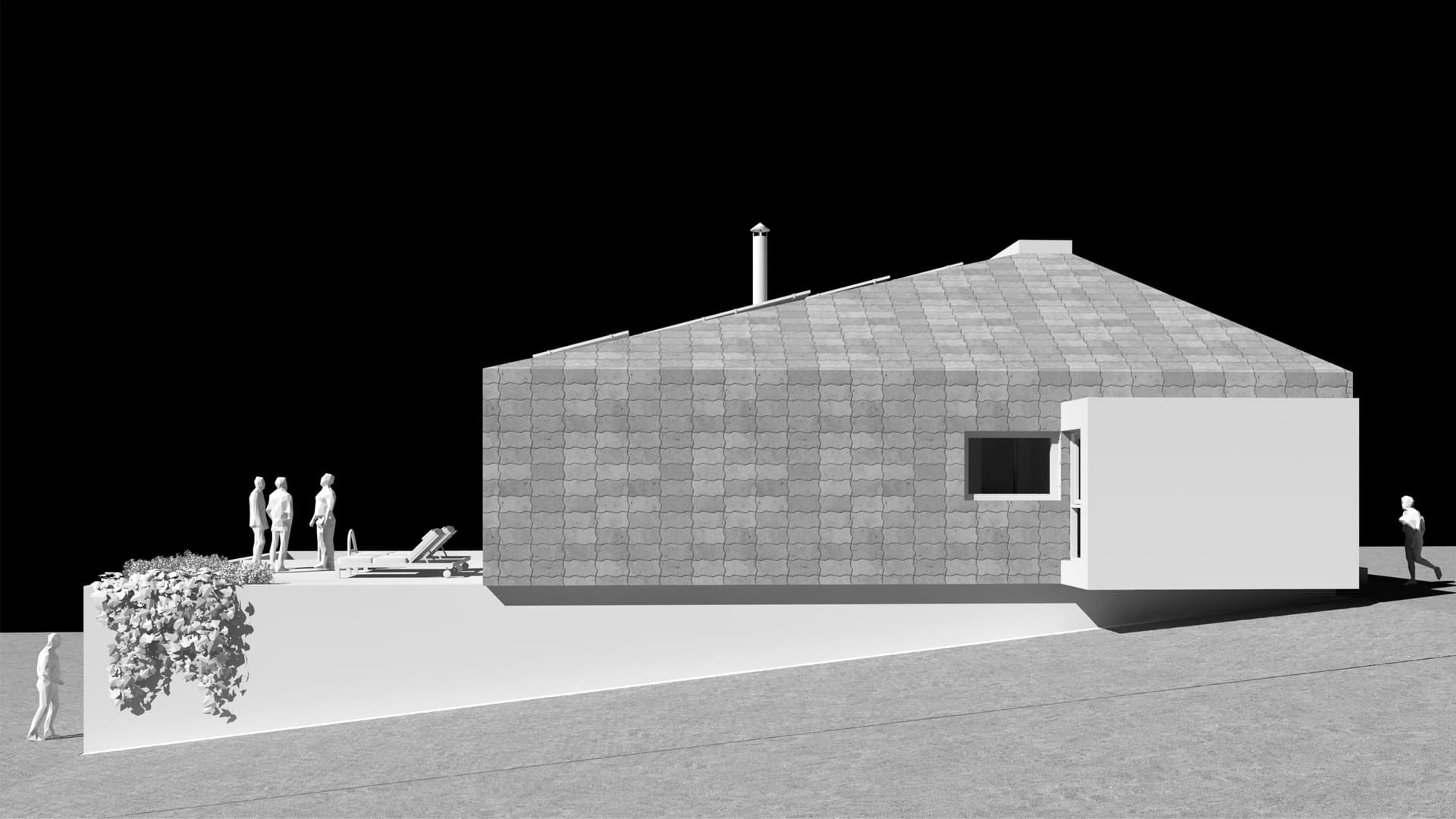 Diseño de casa moderna con tejado inclinado en España Diseño de casa simétrica con cubierta a cuatro aguas recubierta con tejas planas y con terraza sur en una calle inclinada