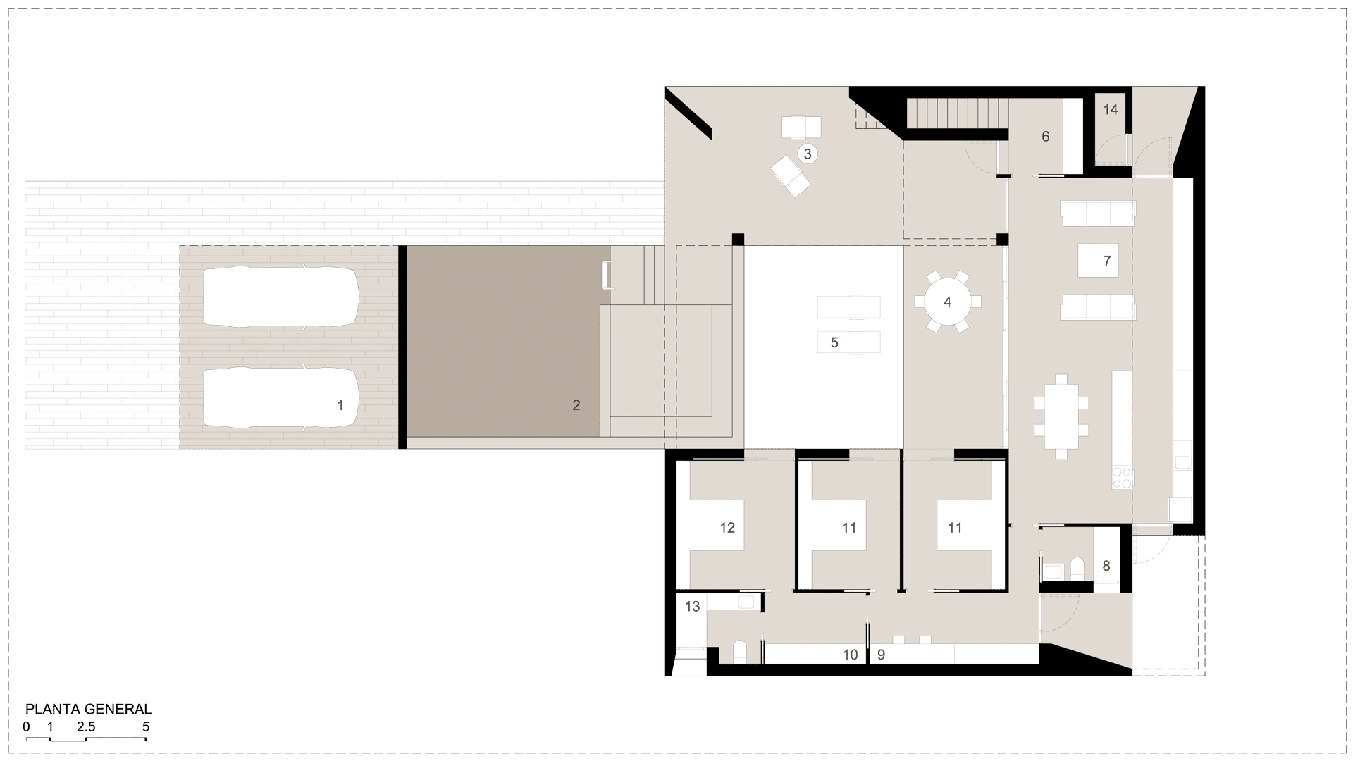 Diseño de casa en Madrid. Planta general de arquitectura mostrando la distribución de áreas
