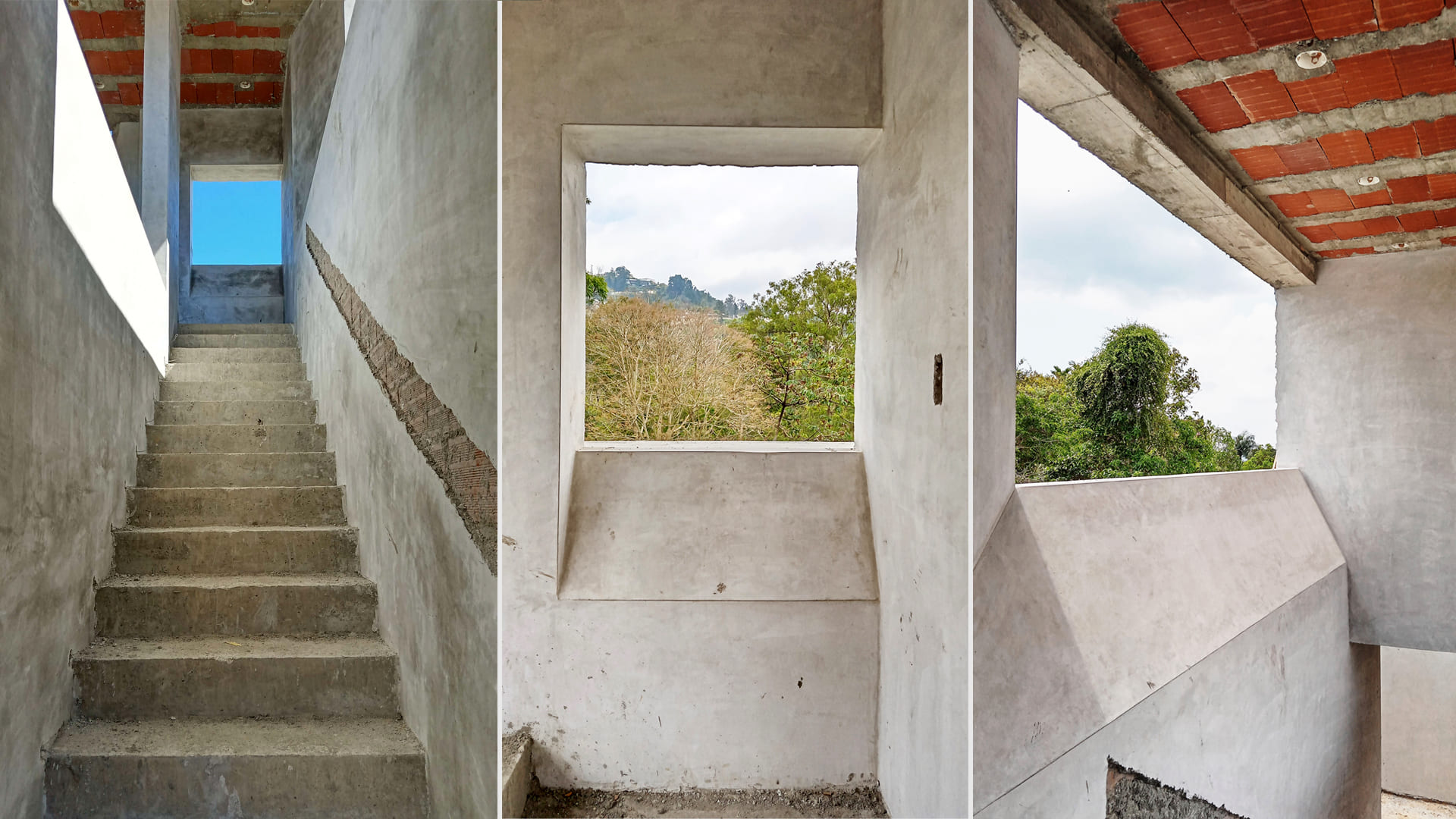 Construcción de casa unifamiliar moderna en Venezuela. Escalera que conduce a la terraza y detalles de ventanas panorámicas