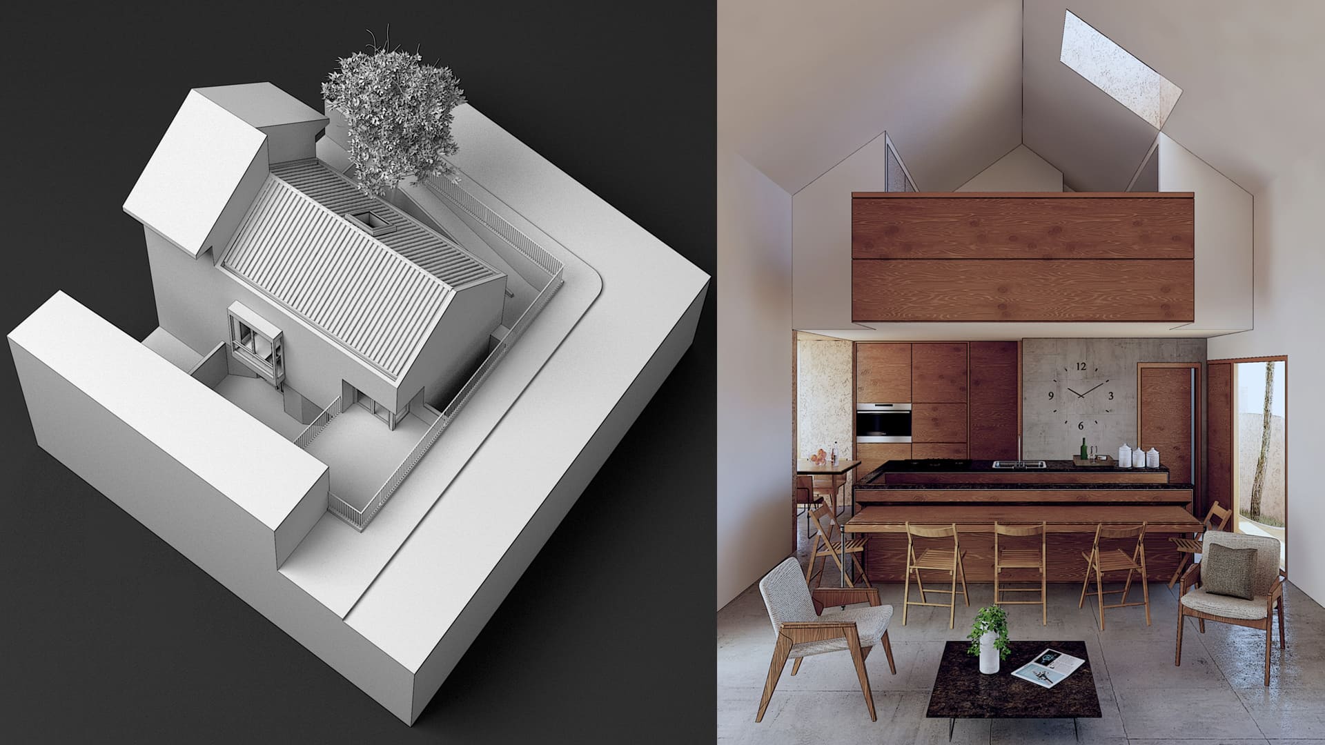 Reforma de casa pequeña en El Escorial con modelo arquitectónico y salón de doble altura con luz natural.