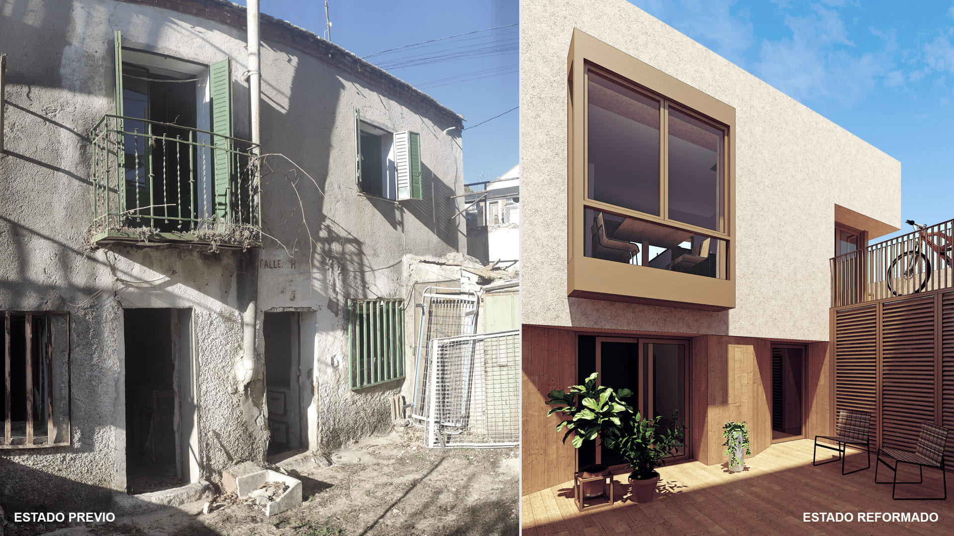 Edificio antes y después de su renovación, mostrando la transformación de un estado descuidado a un diseño moderno y acogedor