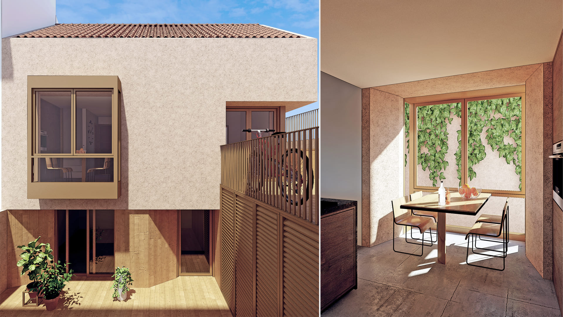 Reforma integral de una casa antigua mostrando el nuevo patio inglés y el mirador con mesa para comer diseñado en la cocina