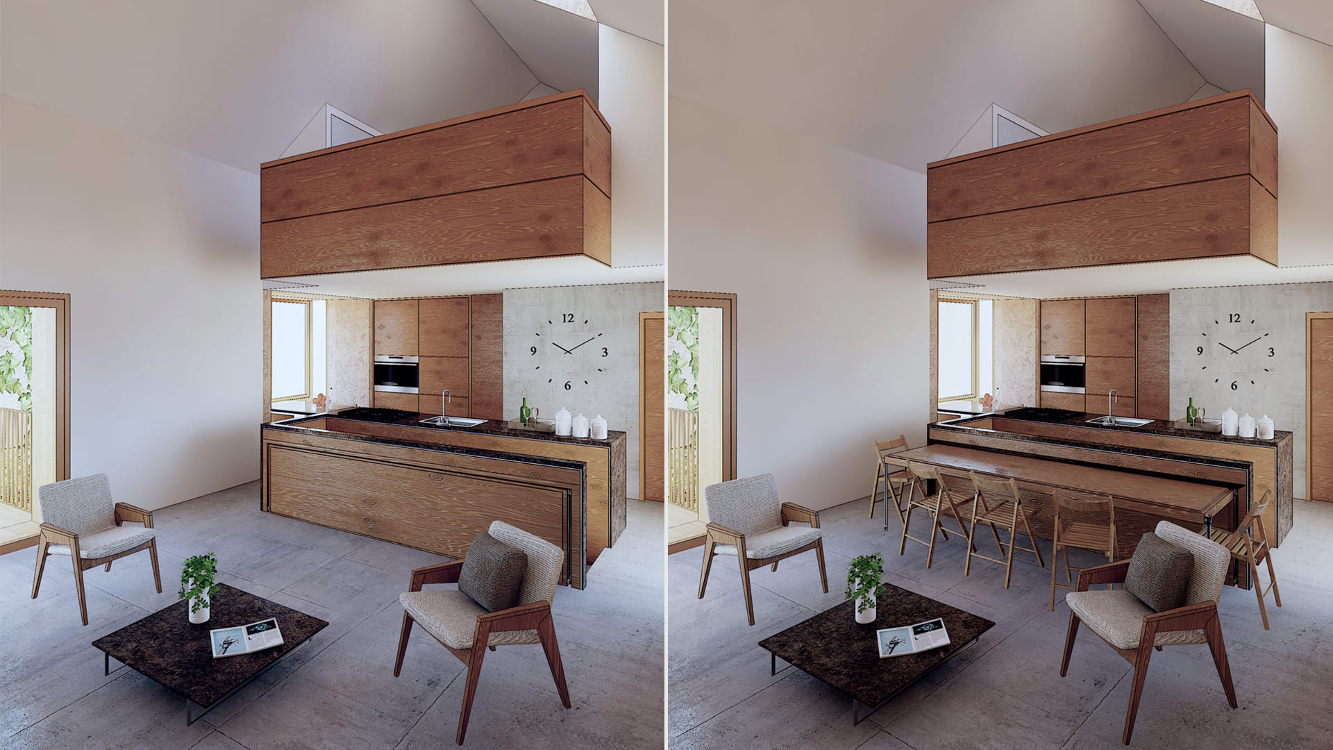 Espacio a doble altura de una pequeña casa que ha sido completamente reformada con una mesa de comedor plegable en el centro