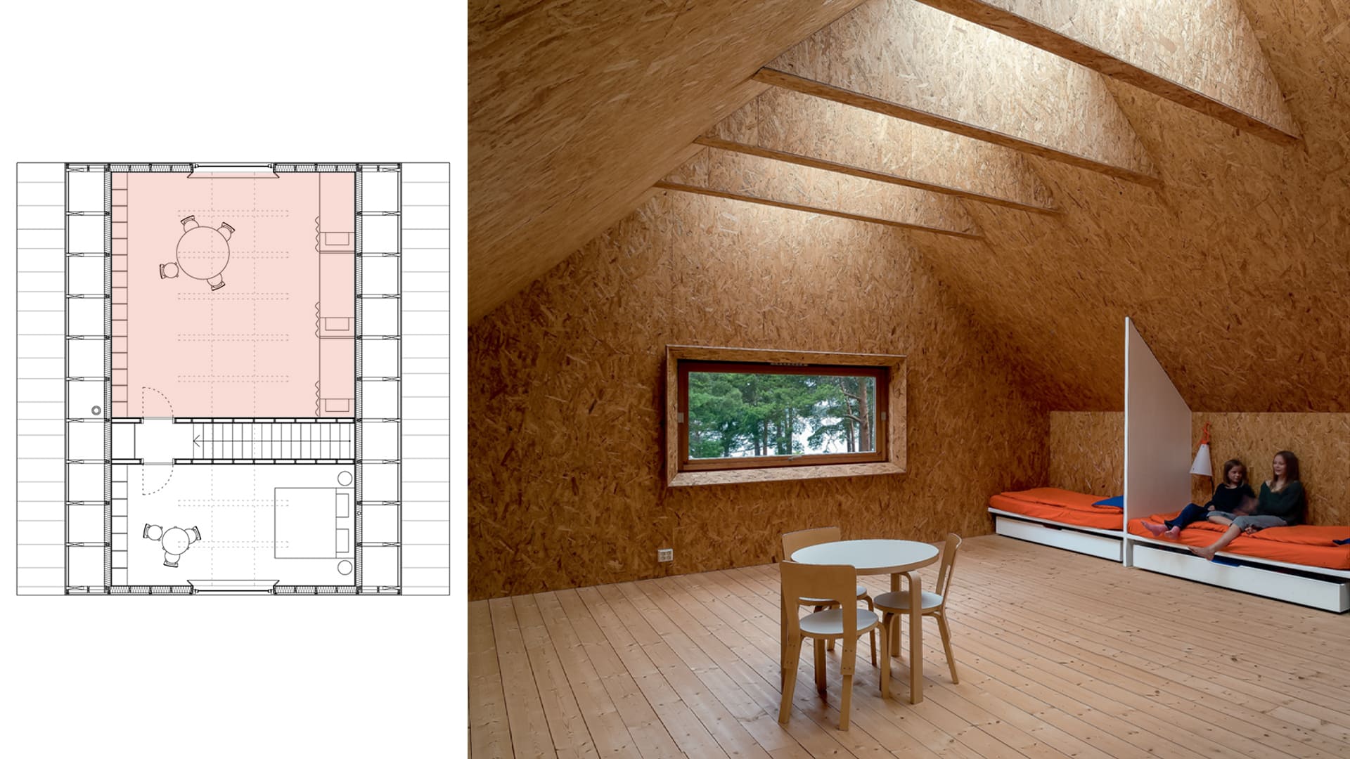 Casa Moderna: plano de la planta alta de la Casa Husarö destacando la habitación de los hijos y aspecto de dicha estancia.