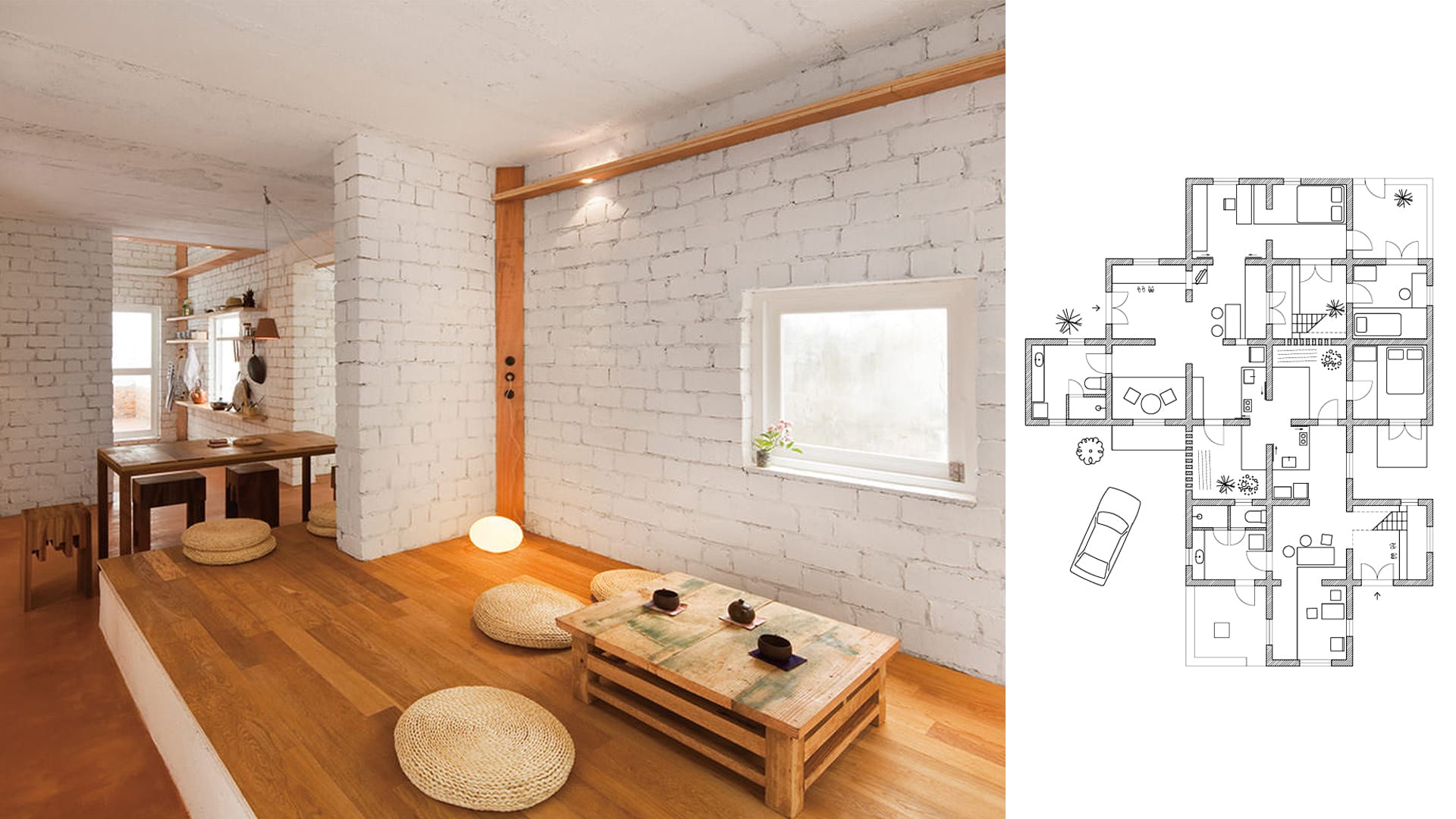 Casas Modernas: estancia de la casa K y plano de la planta baja mostrando su peculiar estructura de habitaciones iguales.