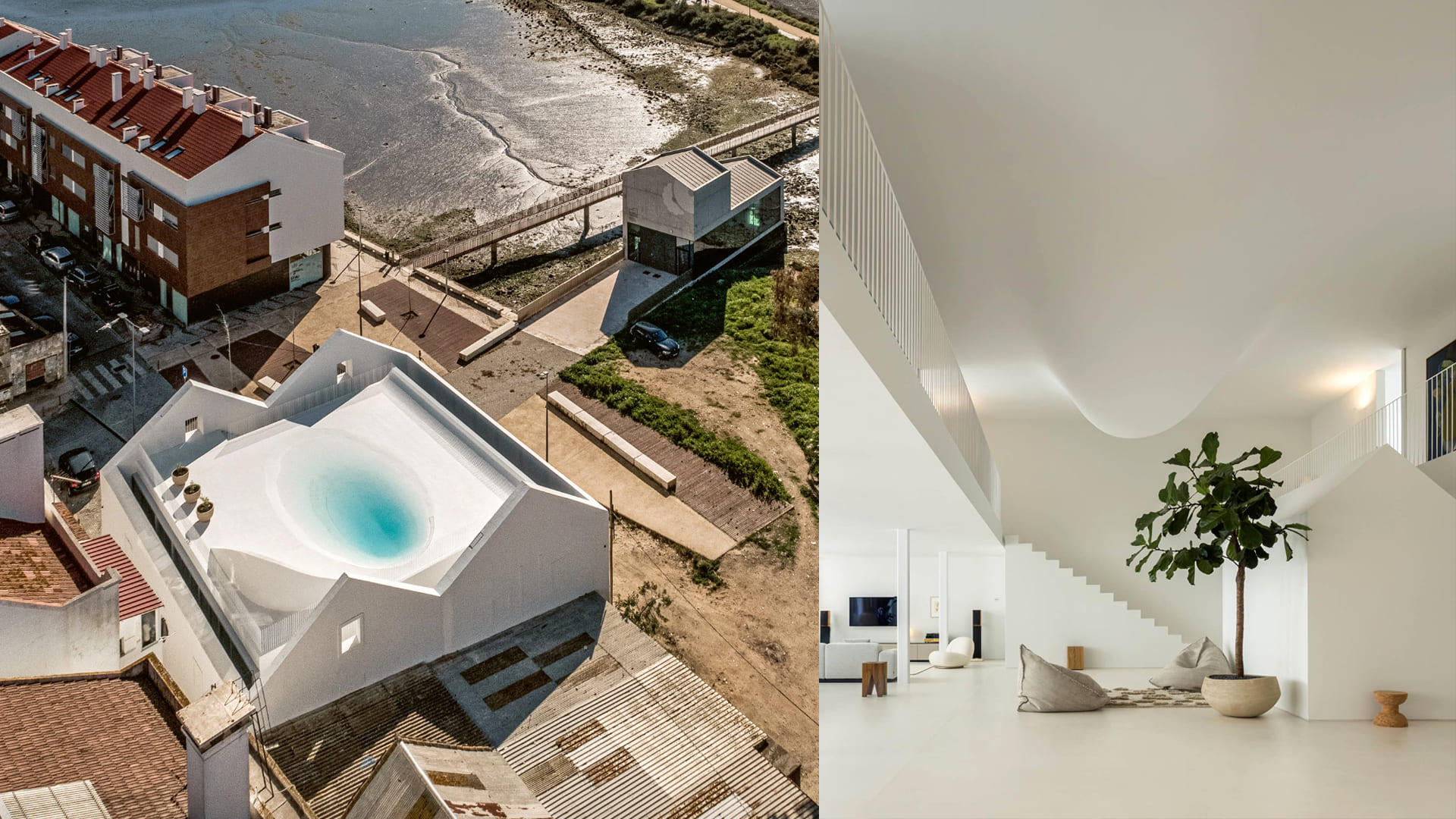 Casa Moderna en Barreiros: piscina suspendida en la cubierta, con su vaso descolgado sorprendentemente en la sala de estar.