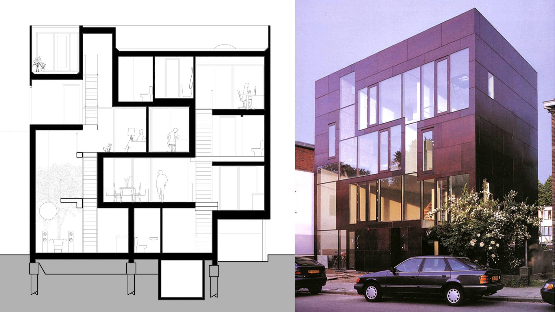 Sección transversal y escorzo de la casa doble en Utrecht de MVRDV. Dos viviendas ensambladas por un diseño innovador.